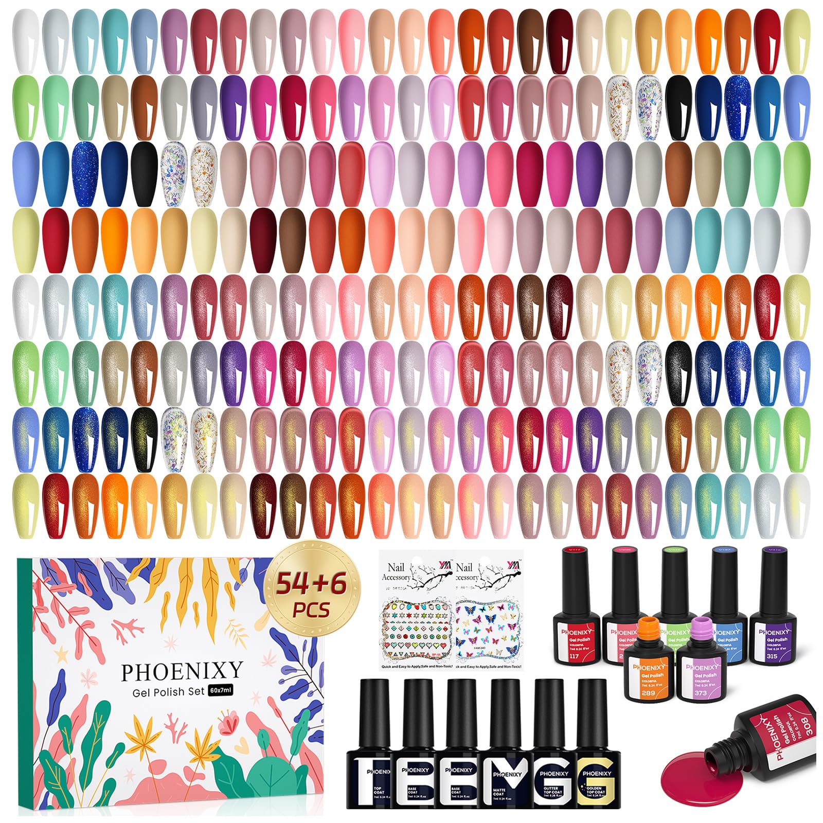 phoenixy 62 PCS Gel Nail Polish Set, 54 Colors Gel Polish with Base Coat & Glossy/Matte/Glitter Top Coat All Seasons Nail Polish Set Gifts for Women Girls