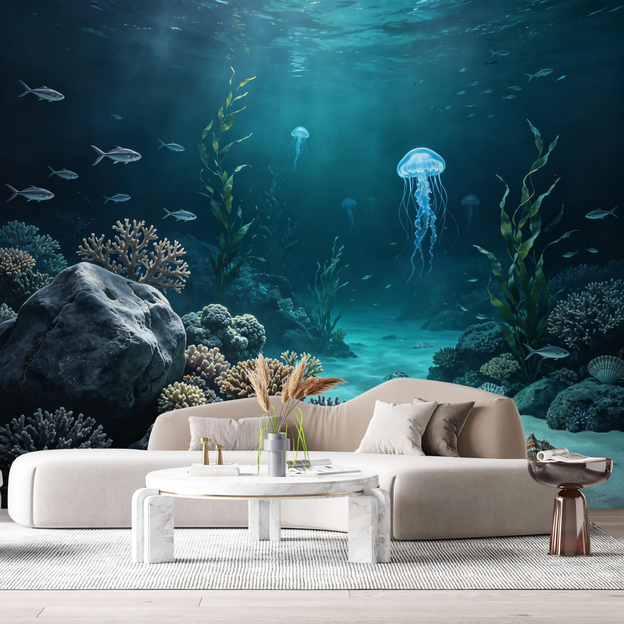 Custom Size Wall Murals Ocean Marine Jellyfish Coral Reef Underwater 3D SelfAdhesiveWall Fabric Removable Wallpaper Wall Decor for Living Room Bedroom Bathroom