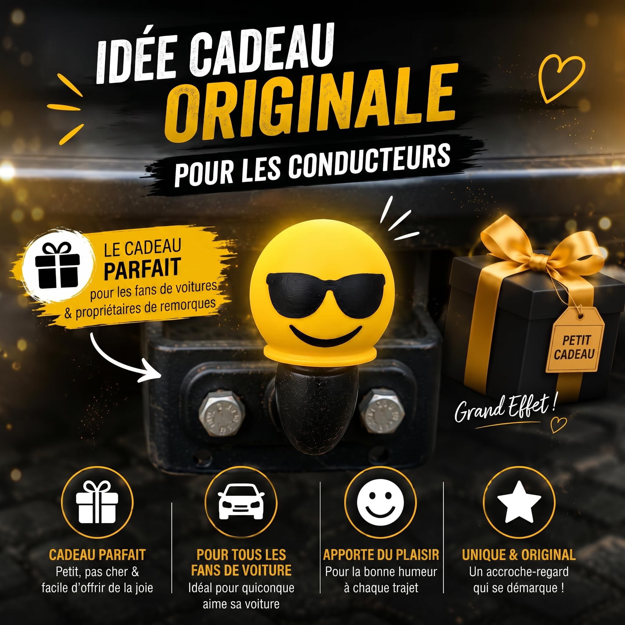 Couvercle d'attelage Smiley 50 mm - Capuchon de protection universel pour voiture, SUV, remorque