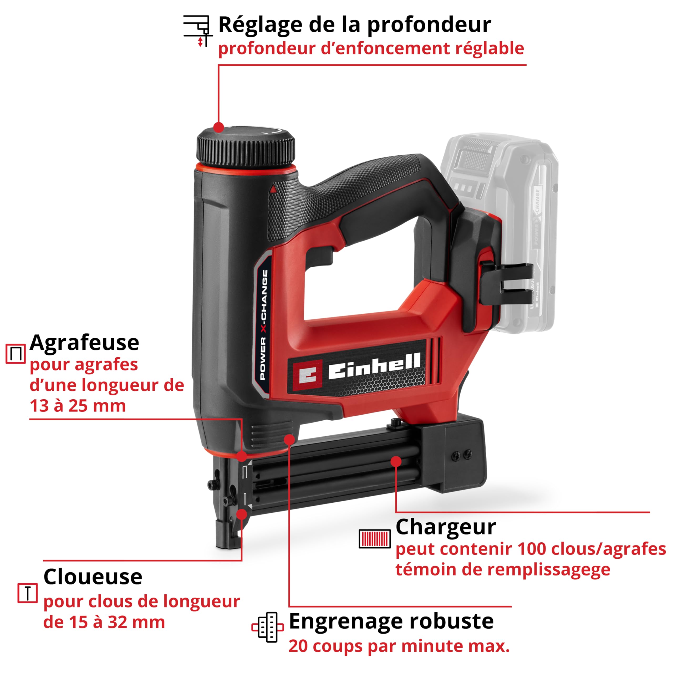 Einhell Agrafeuse-cloueuse sans fil TE-CN 18/32 Li-Solo Power X-Change (18 V, 20 coups/min, agrafes 25 mm max., clous 32 mm max., avec 300 agrafes/300 clous, sans batterie)