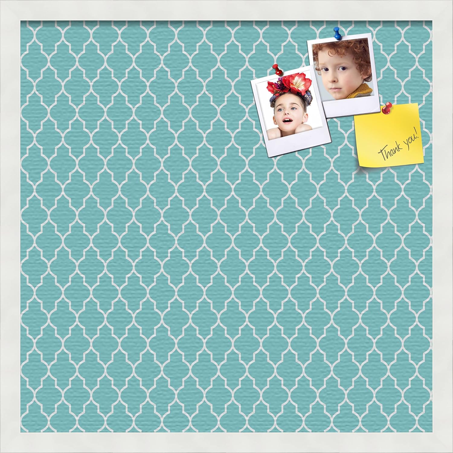 PinPix 20x20 Custom Cork Bulletin Board Quatrefoil Aqua Poster Board with a Canvas Style Photo Board, Framed in Satin White Frame (PinPix-278)