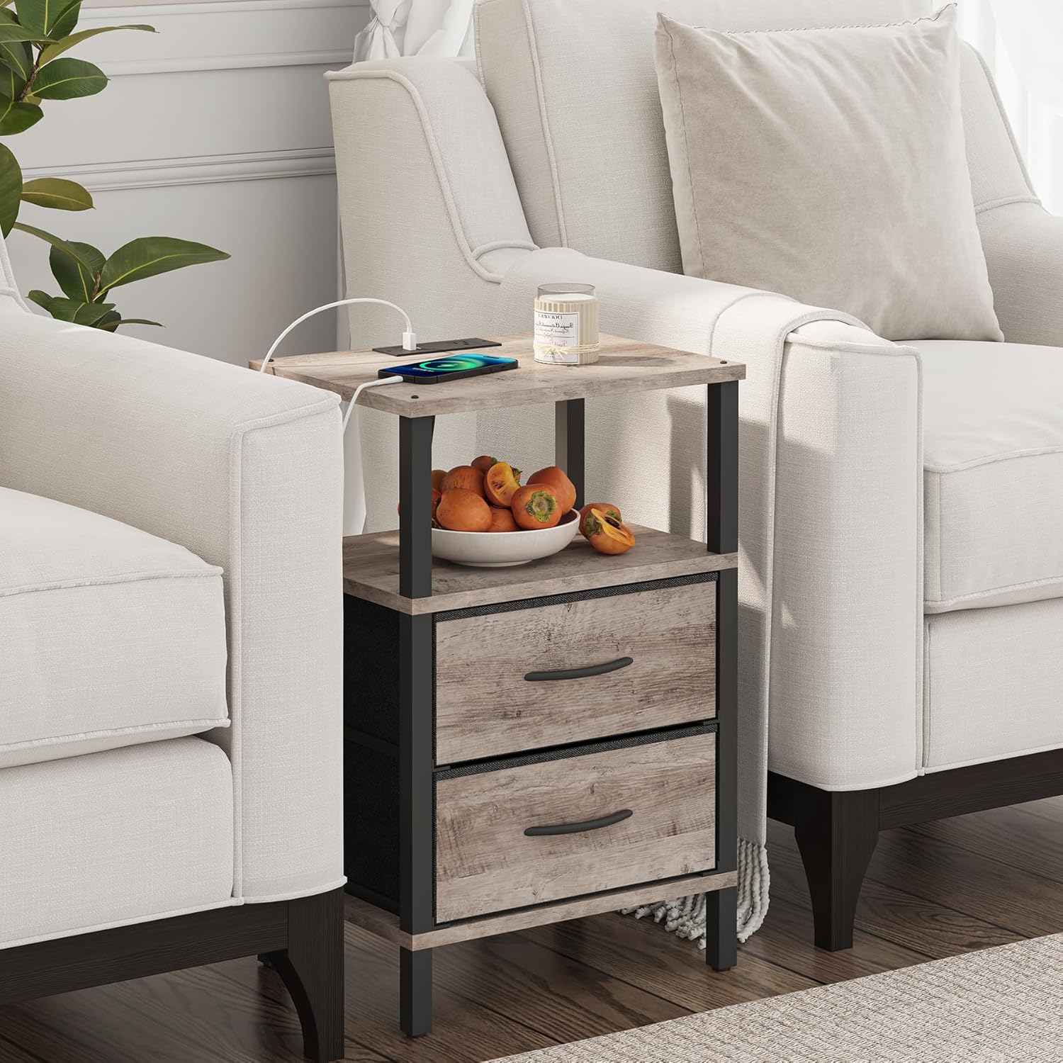 TUTOTAK End Table with Charging Station, Side Table with 2 USB Ports and Outlets, Nightstand with Cloth Drawer, Set of 2, Couch Table, Brown TB01BG067