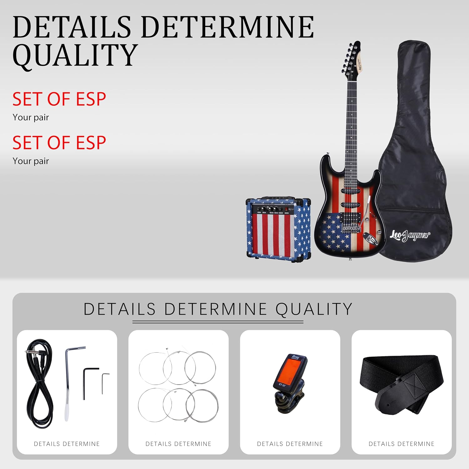 Leo Jaymz Electric Guitar Kit contents including guitar, amplifier, and accessories.