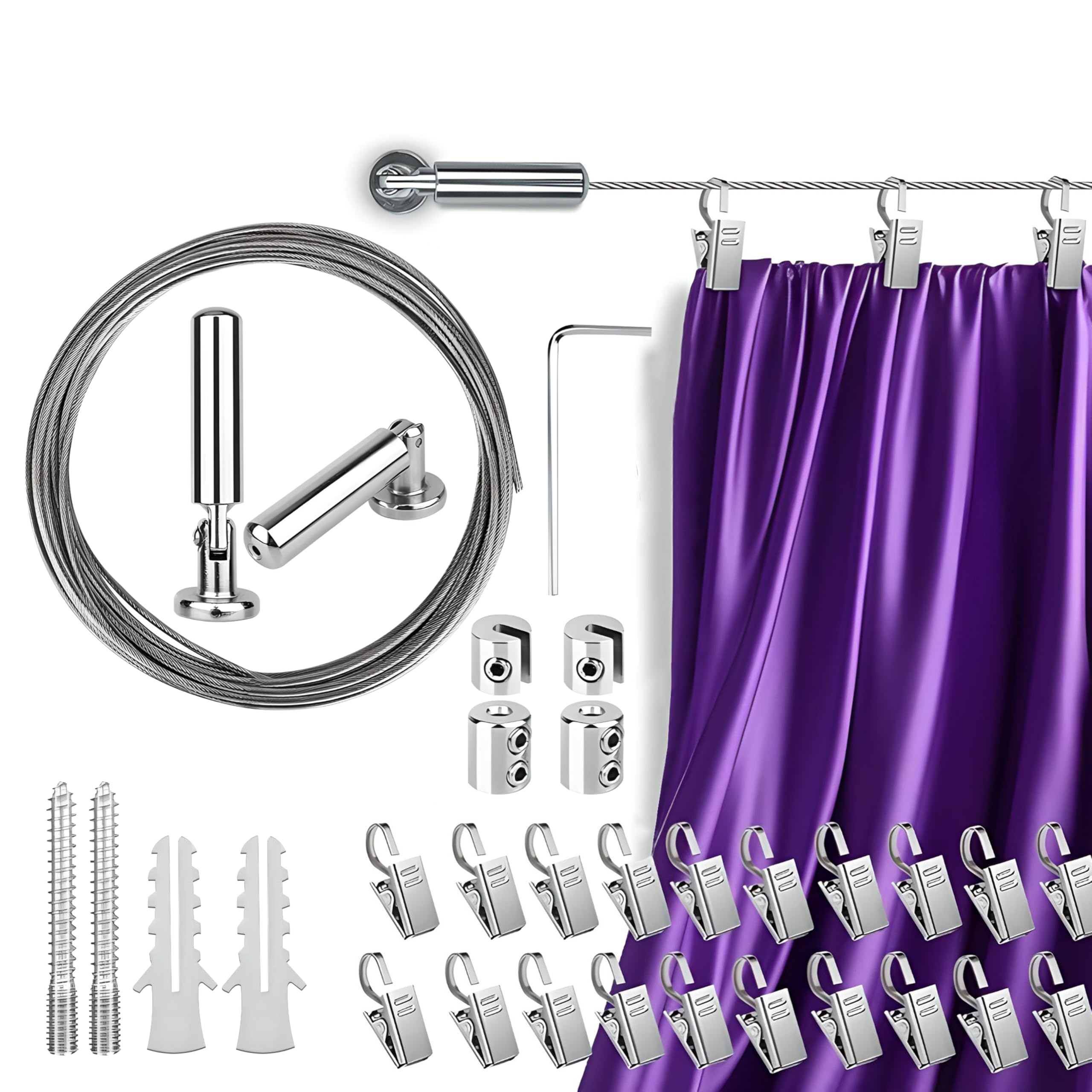 UrbanRed 16.4ft Adjustable Wire Curtain Rod - Indoor/Outdoor Hanging System with 24 Clips - Versatile Room Divider, Tapestry, Clothesline, Art Decoration