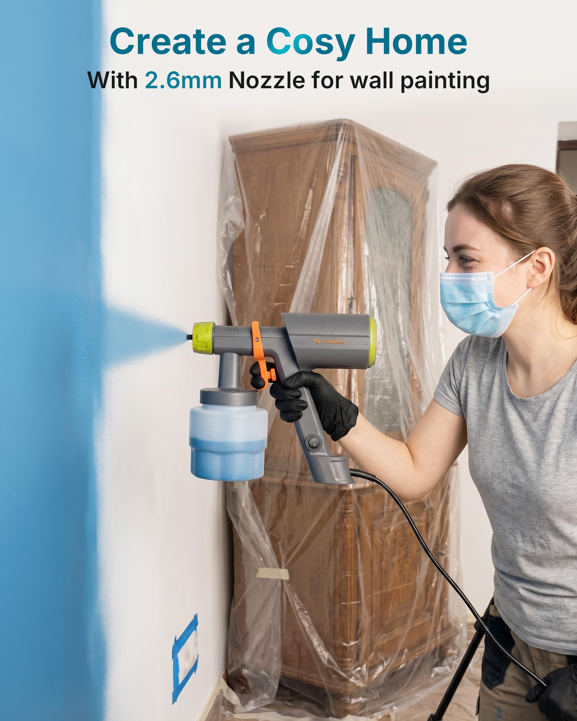 Tilswall Spruzzatore per Vernice Elettrico Potente e Leggero, Serbatoio Rimovibile da 1000 ml, 3 Ugelli e 3 Modalità di Spruzzatura, Ideale per Mobili Grandi, Muri, Recinti e Progetti fai da te Limone