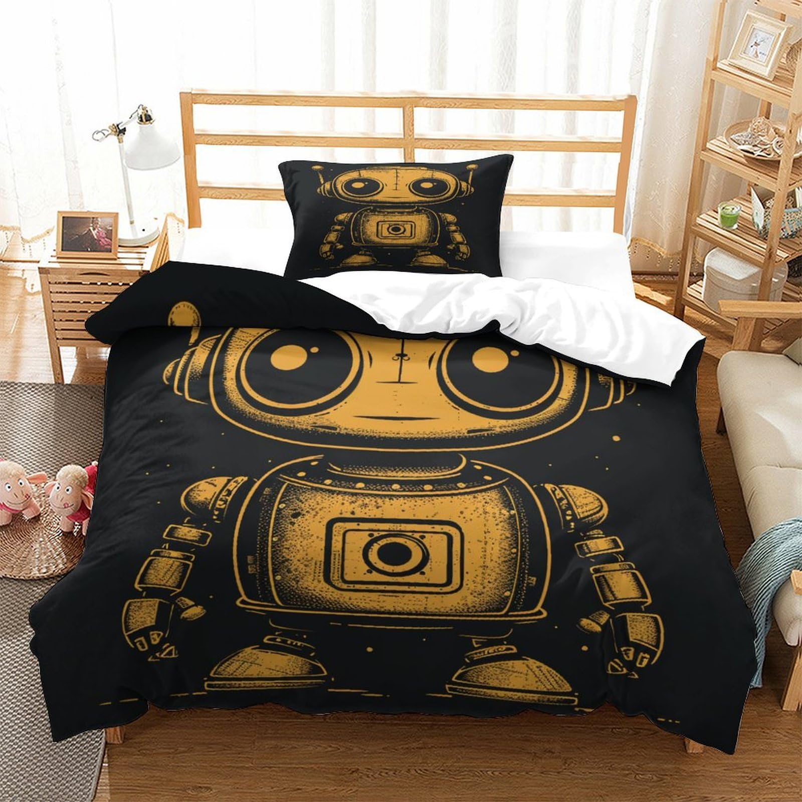 P1S9U7W5Y 3D Printed Retro Robot Duvet Cover Set 3pcs Microfiber Cute Robot Bedding Set Single（135x200cm）