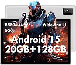 Tablette 10 Pouces, Android 15, 20Go RAM + 128Go ROM(1 to Extensible) 8580 mAh Batterie​, Octo-Cœur 5G WiFi Tablette Tactile, 5+13MP Caméra​, Bluetooth, (Argent​)