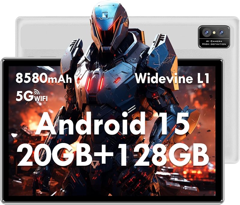 Tablette 10 Pouces, Android 15, 20Go RAM + 128Go ROM(1 to Extensible) 8580 mAh Batterie​, Octo-Cœur 5G WiFi Tablette Tactile, 5+13MP Caméra​, Bluetooth, (Argent​)