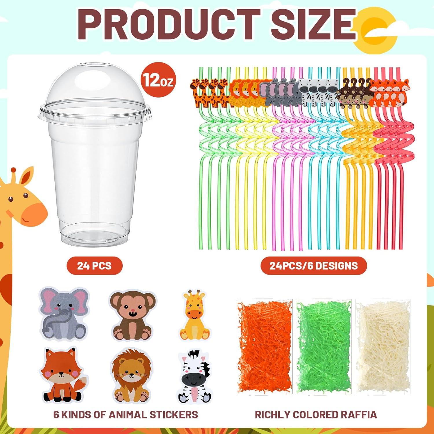 Qinyoung 99 Pcs 24 Sets Birthday Party Cup Favors with Lids Straws Sticker Paper Grass Filler Disposable Clear Cups for Holiday Return Gifts Birthday Party Supplies (Jungle Animals) - Image 2