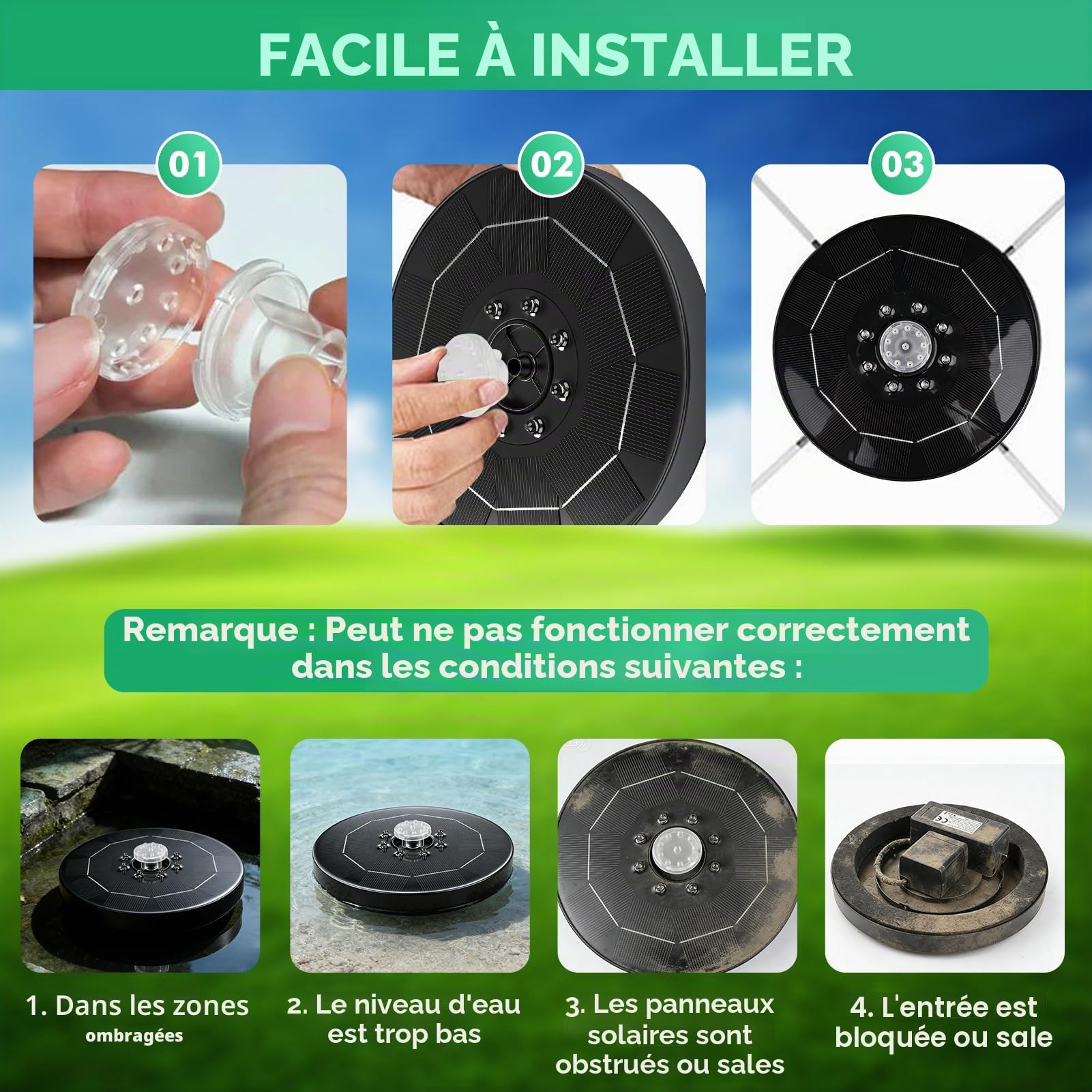 Fontaine solaire pour extérieur, pompe de bassin solaire 3 W, pompe solaire flottante avec LED et 8 buses transparentes, pour jardin, étang, bain d'oiseaux