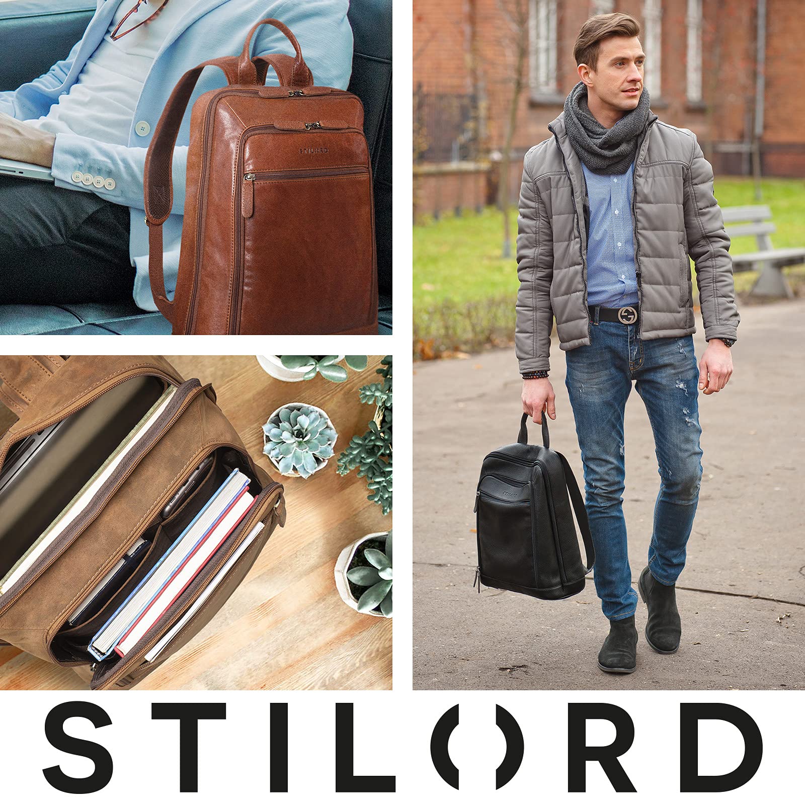STILORD "Watson" Laptop Plecak skórzany 15,6 cala Plecak firmowy skórzany męski XL do szerokości teczki DIN A4 Plecak dzienny zabytkowy skórzany prawdziwy Kolor:czarny obsydian