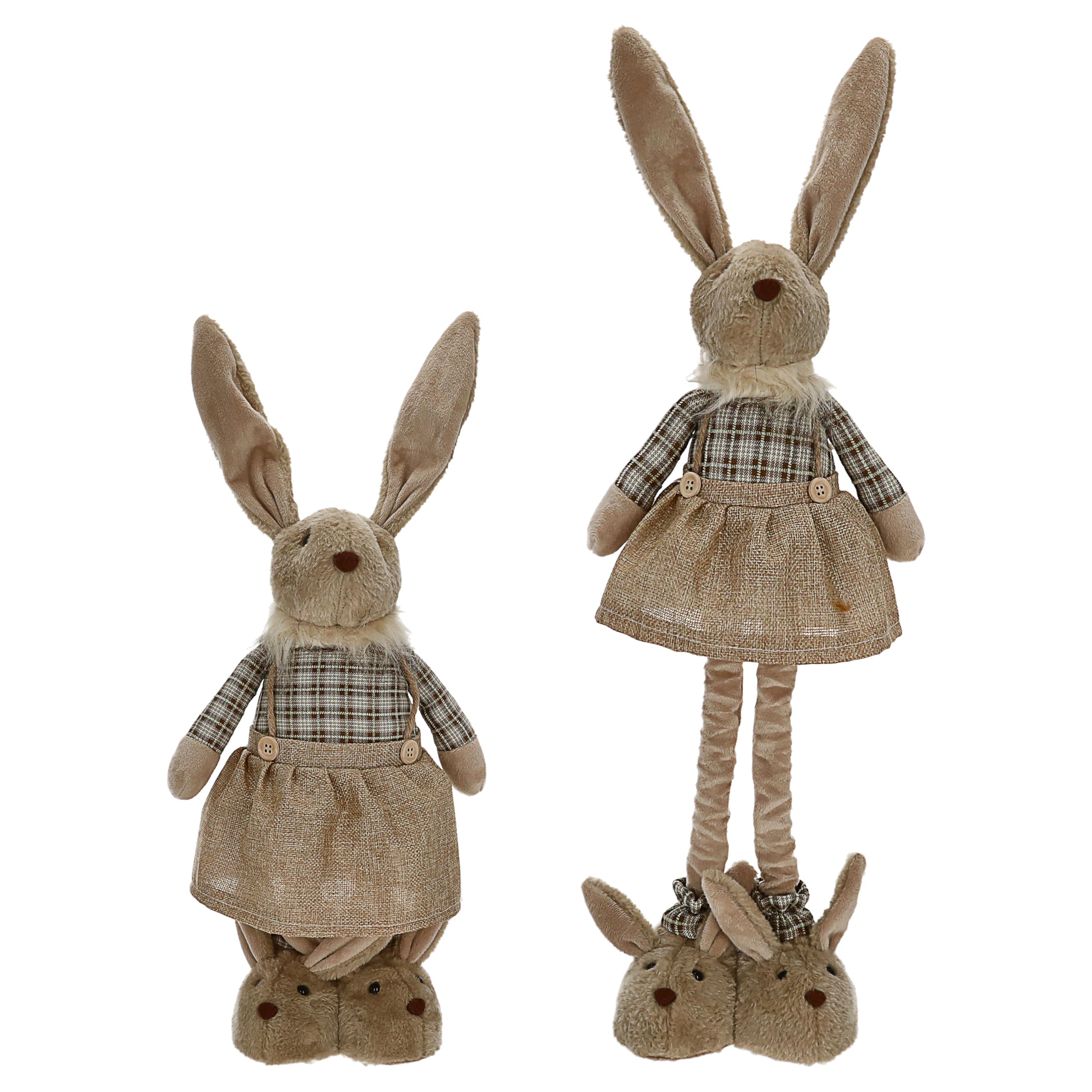 Cepewa Osterhasenpaar mit Teleskopbeinen | max. H115cm Polyester Brauntöne Metallbeine | Frau und Mann mit Hasenschuhen