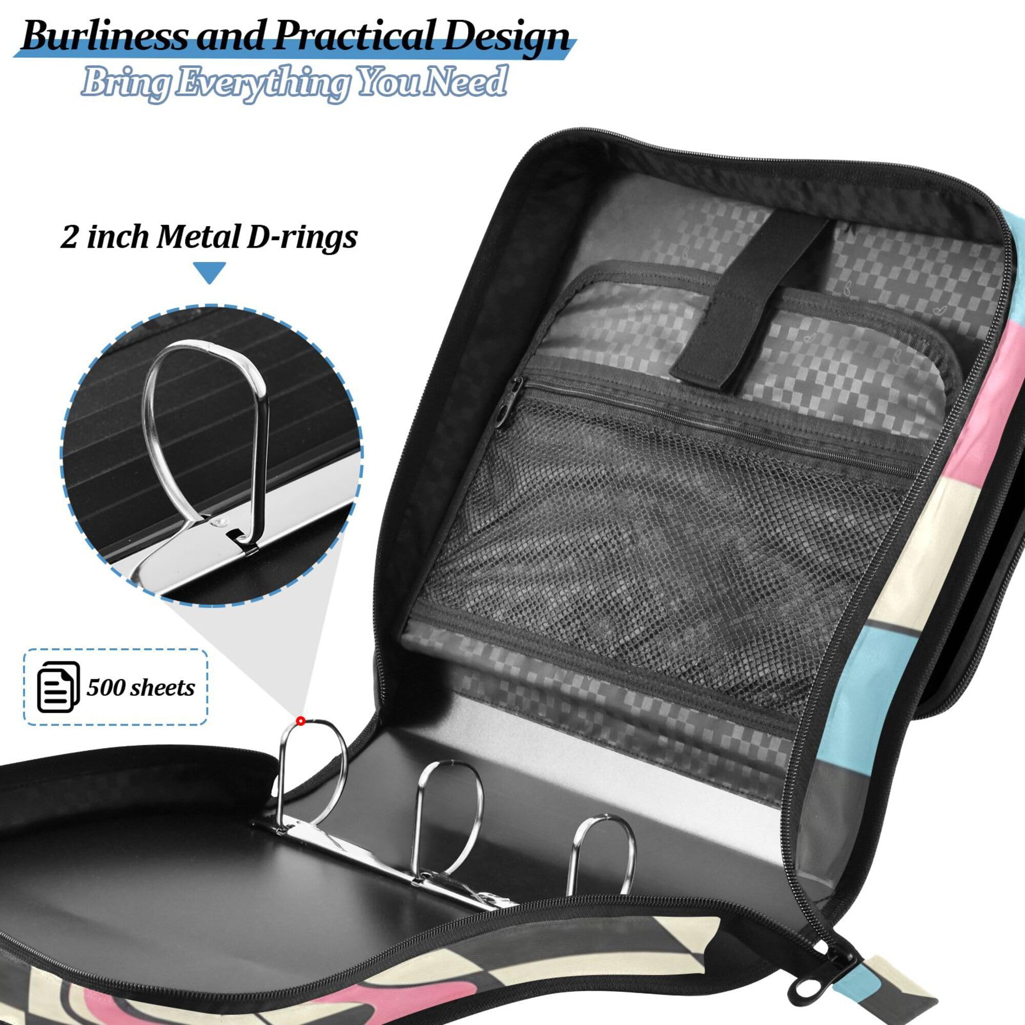 ALAZA Borsa per raccoglitori a 3 anelli, anelli a D da 3,8 cm, organizza facilmente carta da 2,5 cm, adatta per carta formato lettera, scacchiera arcobaleno, grande organizer con cerniera a 3 fori