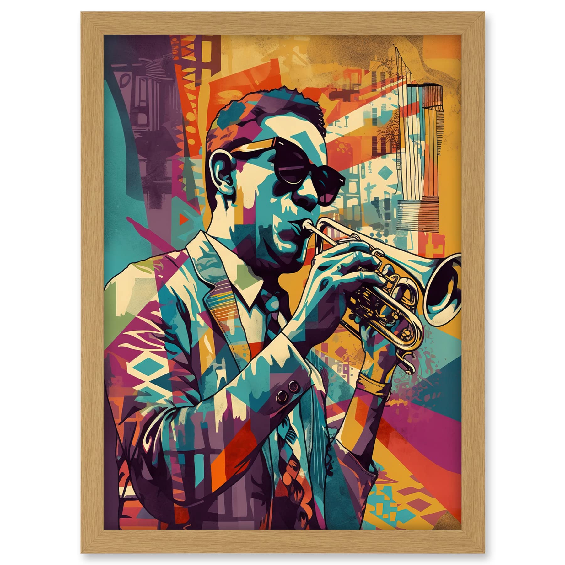 Artery8 Trumpet Player Jazz Musician with Sunglasses Modern Colour Linocut Print Artwork Framed A3 Wall Art Print
