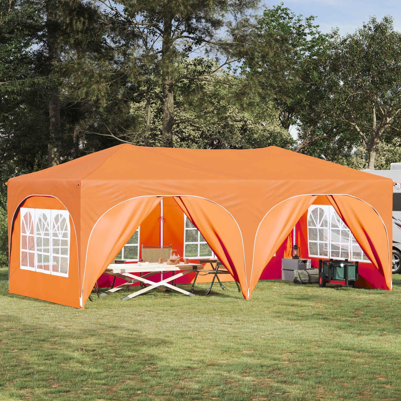 Namiot imprezowy Pop-up z wytrzymałego materiału Oxford 575 x 288 x 245 cm, pomarańczowy, ze stabilnym metalowym stelażem, 6 części bocznych, odporny na warunki atmosferyczne, ochrona przed