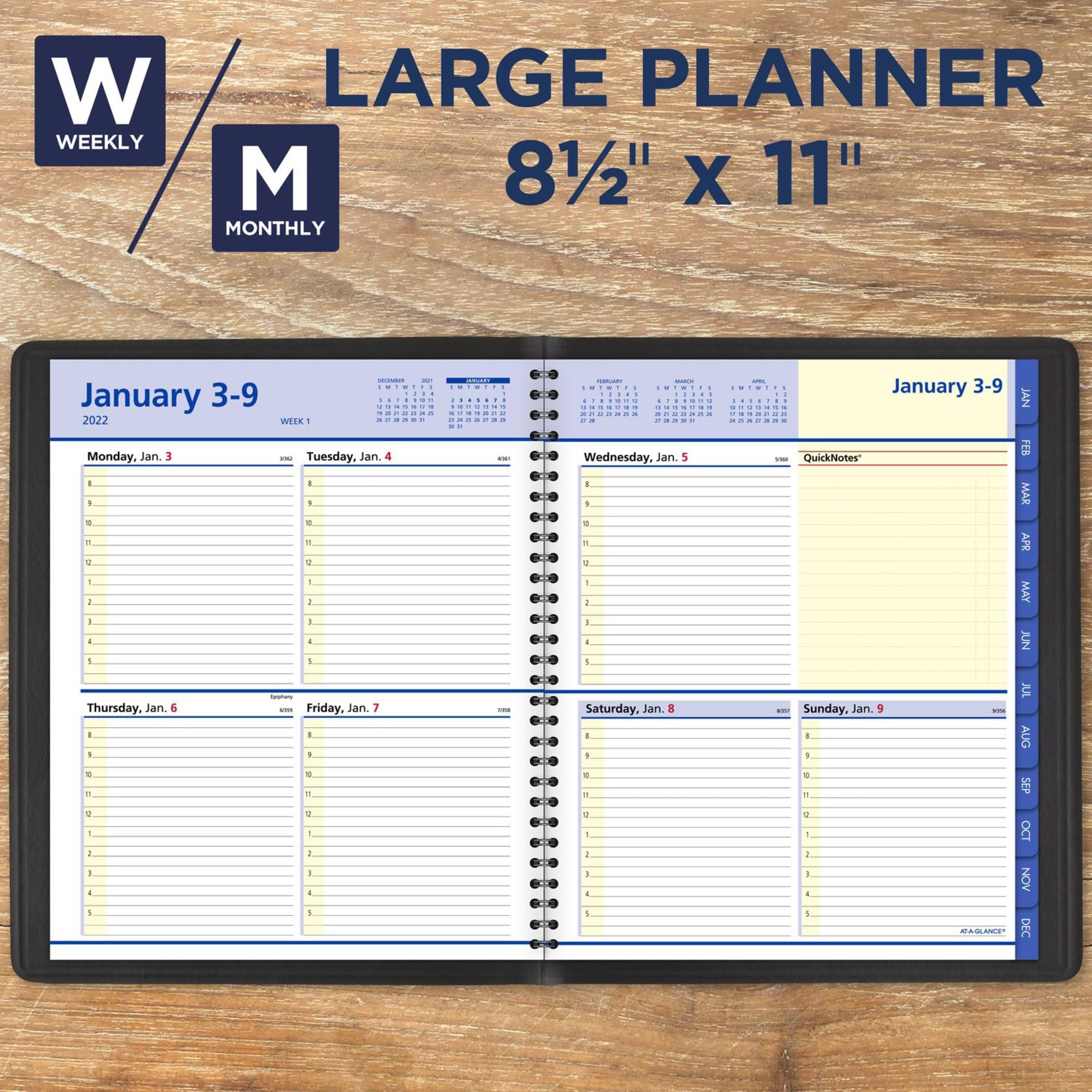 AT-A-GLANCE - Libro de citas semanal y mensual 2022, 8 x 10 pulgadas, grande, QuickNotes, negro (760105)