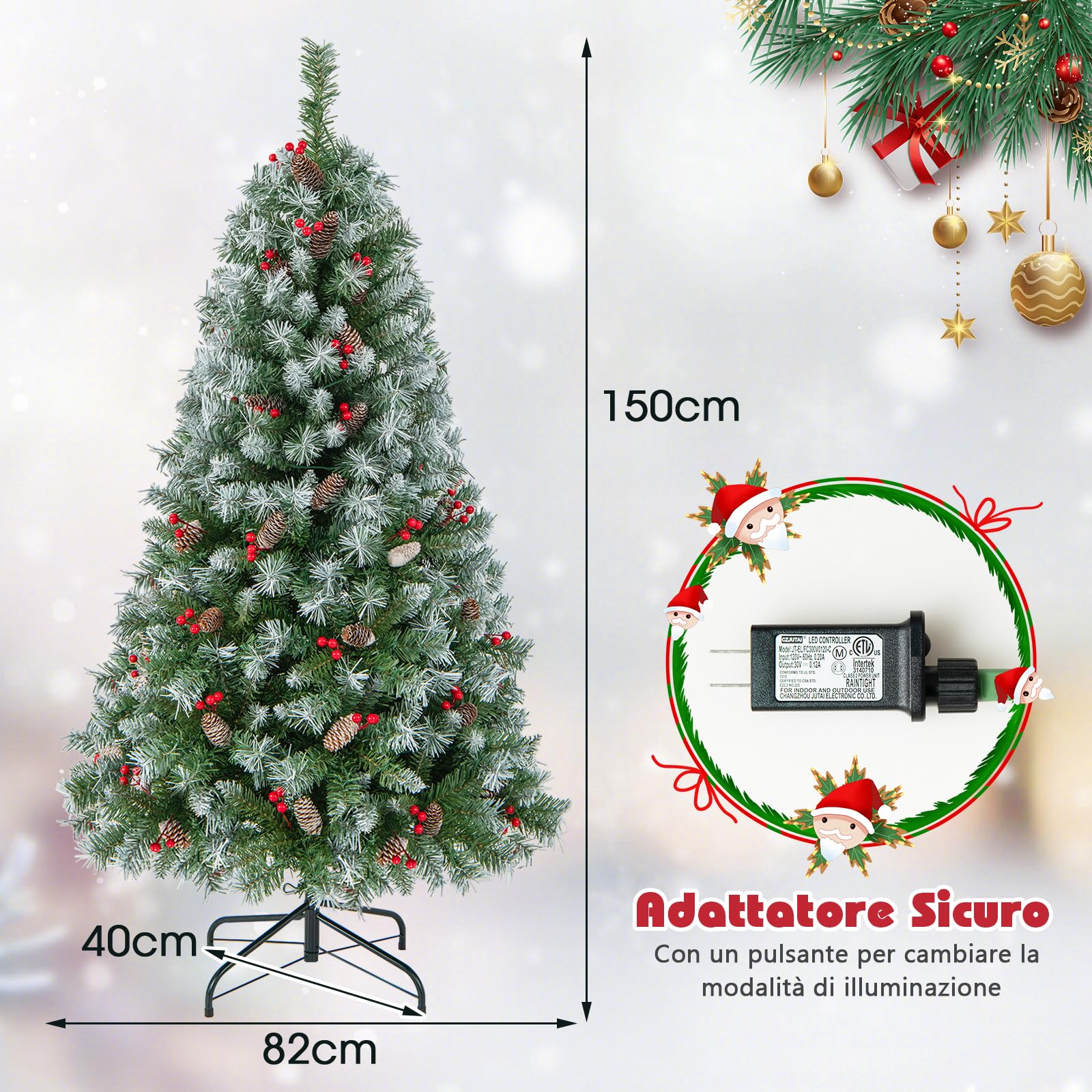 RELAX4LIFE Albero di Natale 150/200CM, Albero di Natale Verde Innevato con 200/420 Luci, 42/69 Pigne e 126/207 Bacche Rosse, Rami Rorte, per Casa e Negozio (200cm)