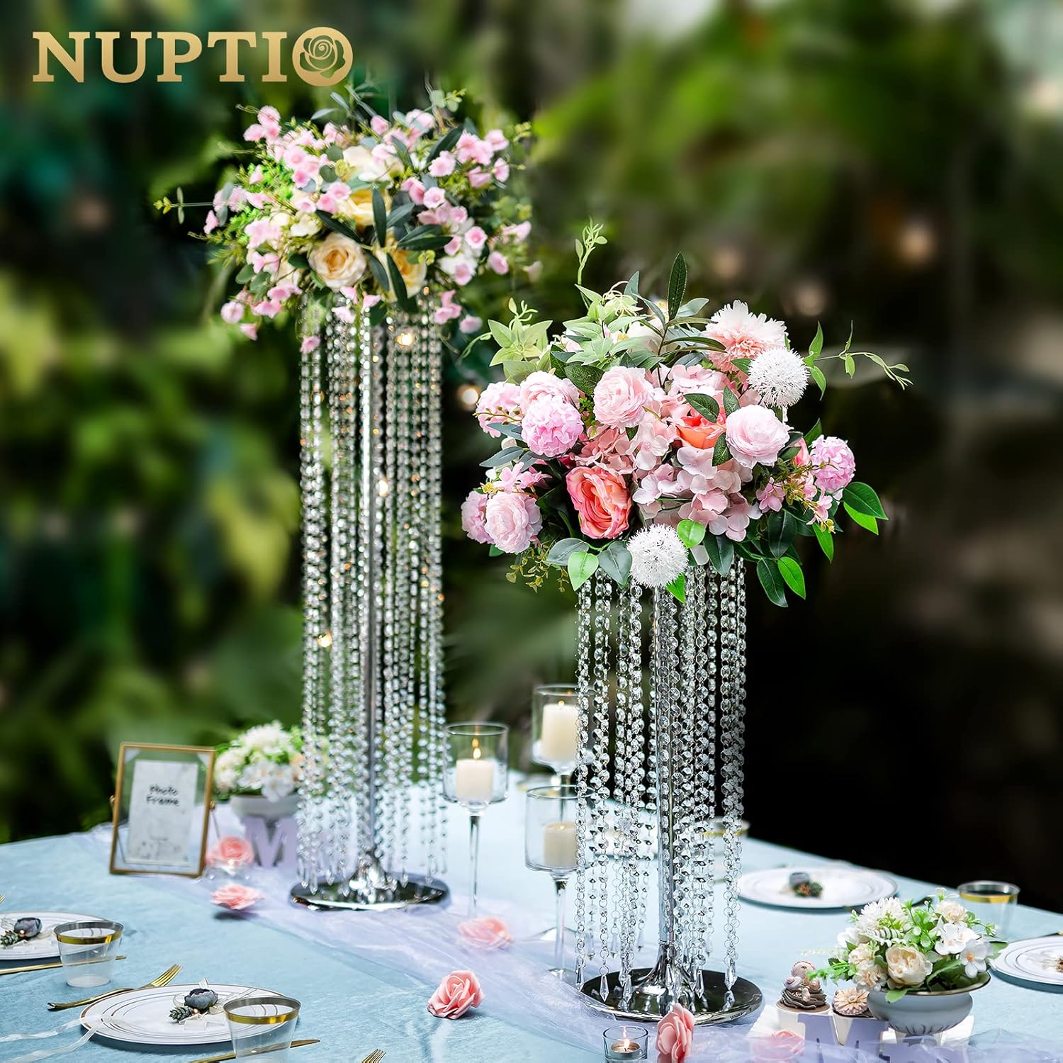 Nuptio 2 Pcs 23.6inch Tall Silver Crystal Wedding Centerpieces Flower Vases for Party Tables Decorations