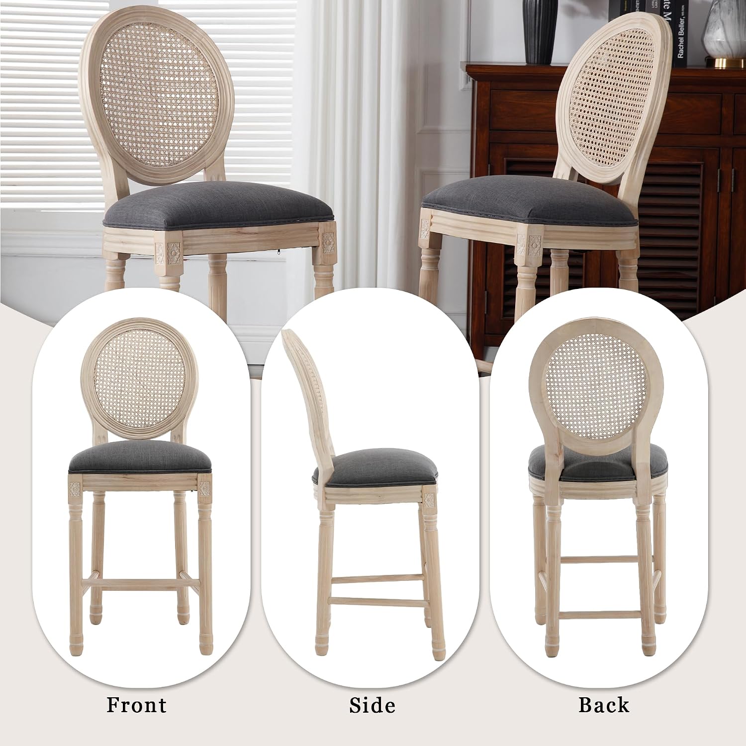 Counter Height BarStools Set, French Country Barstools, Solid Wood Linen Upholstered Bar Chairs for Kitchen Island, Dining Room (Dark Grey Rattan, 26" Set of 4)