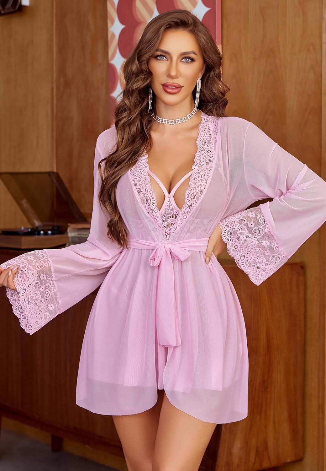 Avidlove Sexy 3 Piece Lingerie Set Mesh Strap Babydoll and Lace Kimono Robe with Lace Thong - Image 7
