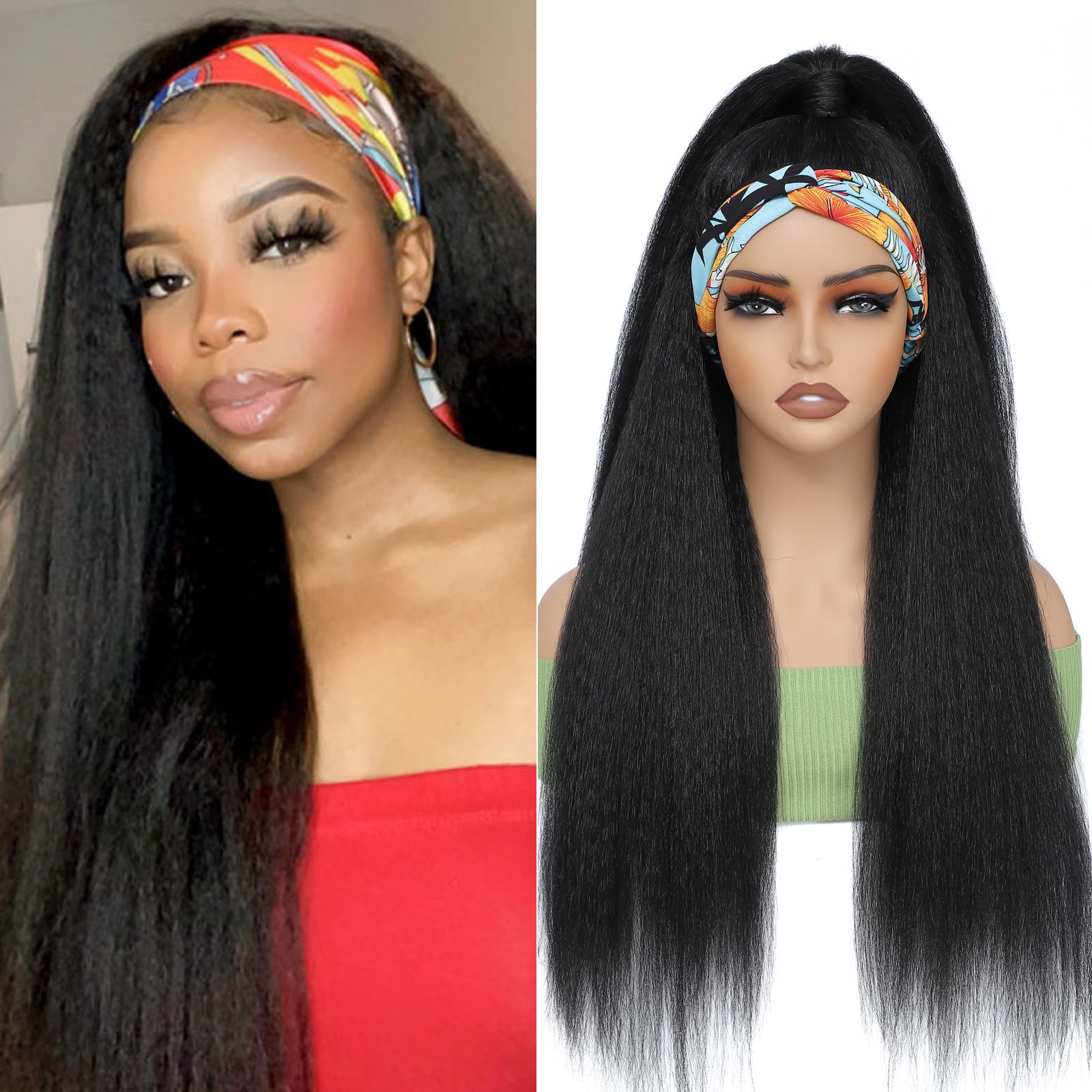Alileona Headband Wigs for Black Women Yaki Wig With Headband Natural Black Hair Wig Comfortable kinky Straight Wigs (28Inch 1B#)