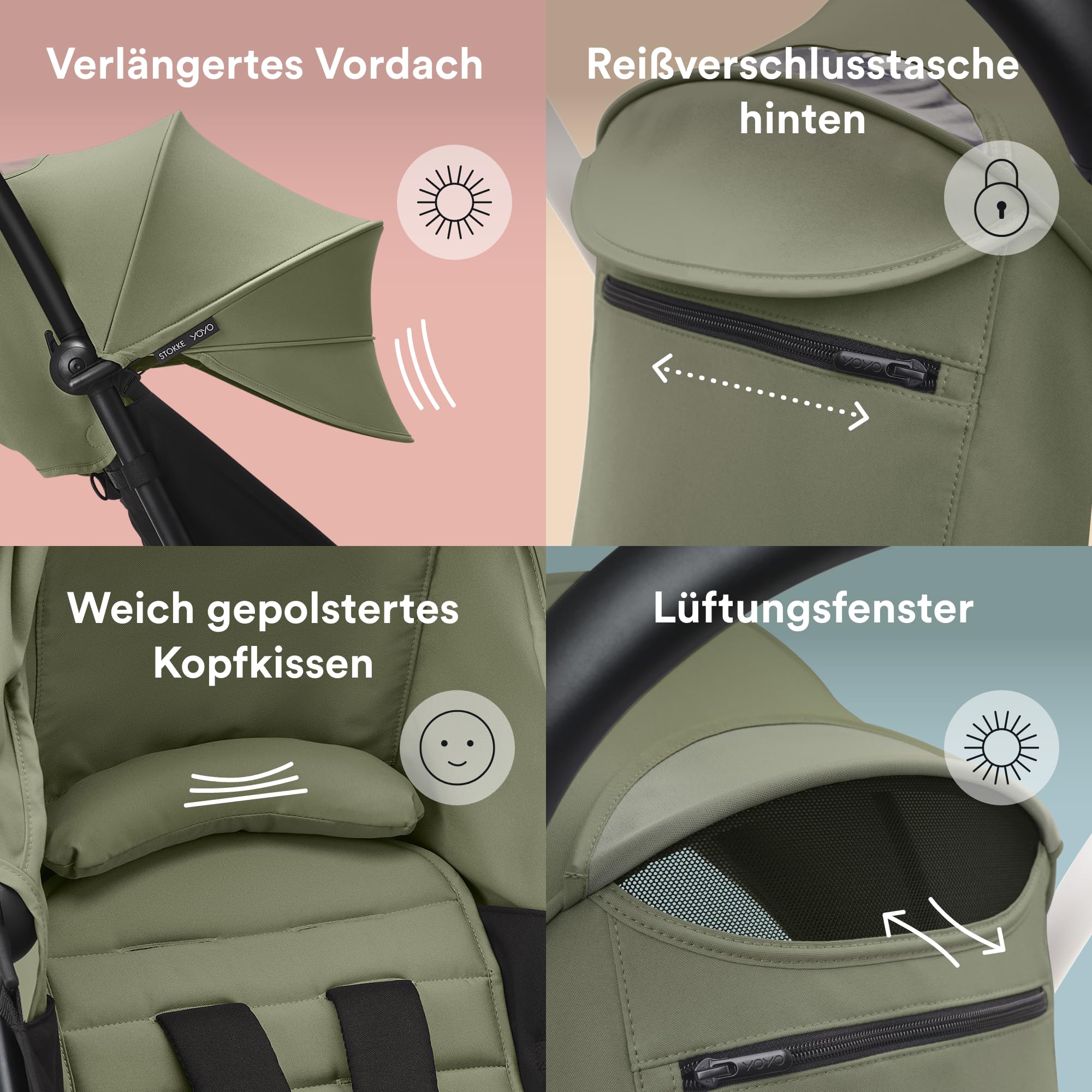 Stokke YOYO 6+ Farbpaket, Olive - Nur Textilien: Sitzpolster, ausziehbares Verdeck & Reißverschlusstasche hinten - Erfordert YOYO-Rahmen (separat erhältlich)