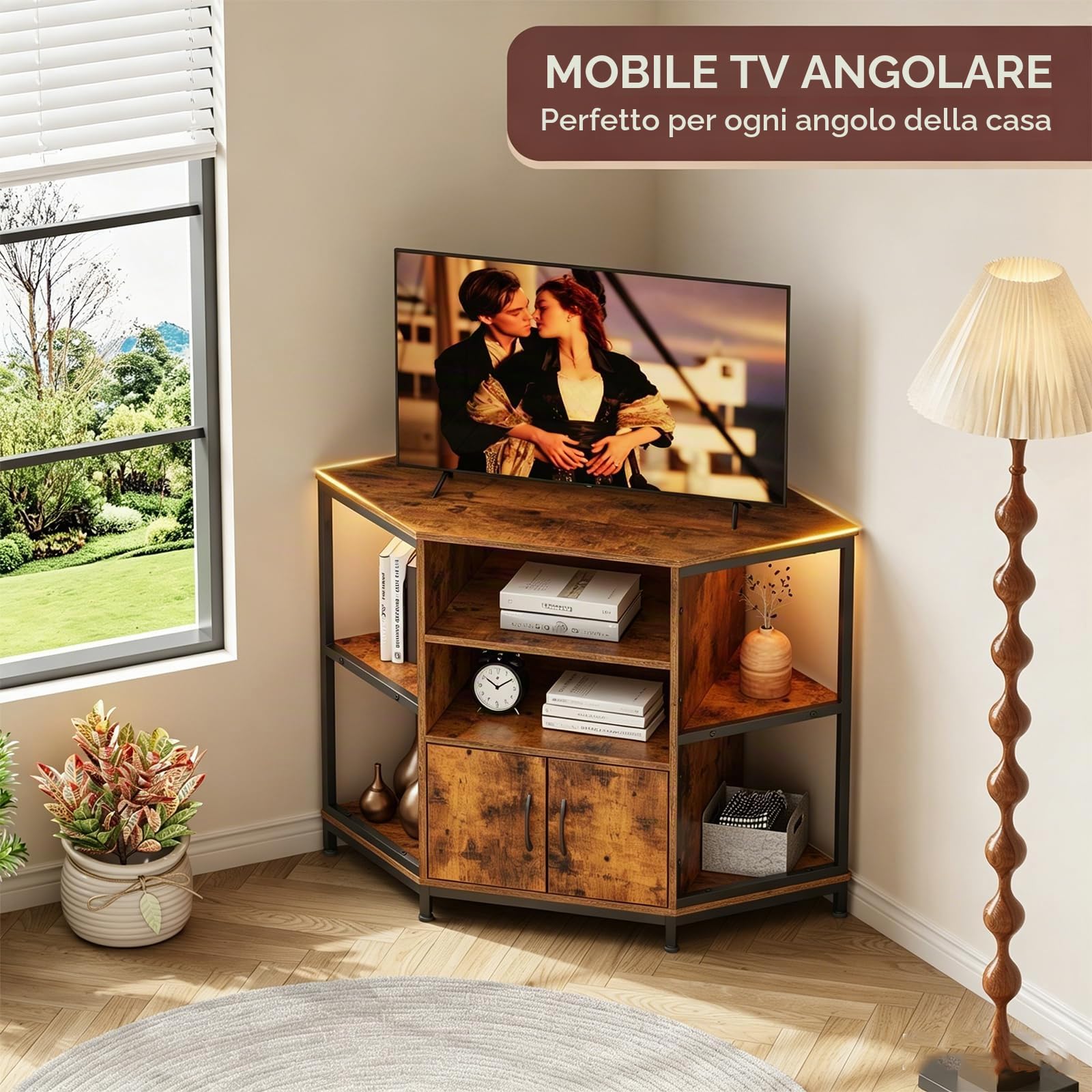 Dripex Mobile angolare per TV con illuminazione a LED, per soggiorno, design industriale, 105 x 50 x 79 cm, marrone vintage