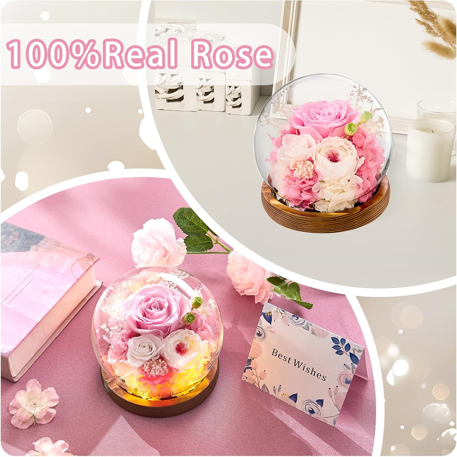 Forever Flowers Gifts for Mom .Birthday Gifts for Women, Preserved Flowers in Glass Fresh Flowers for Delivery Prime Pink Roses for Grandma Sister Daughter - Image 2