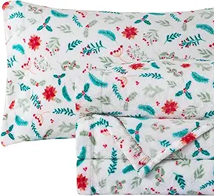 Elegant Comfort Luxuriously Soft 4-Piece Holiday Velvet Plush Flannel Sheet Set - Premium Quality - Cozy Warm, Christmas Fuzzy Velvet Flannel Fleece Deep Pocket Sheet Set - Twin, Winter Bloom