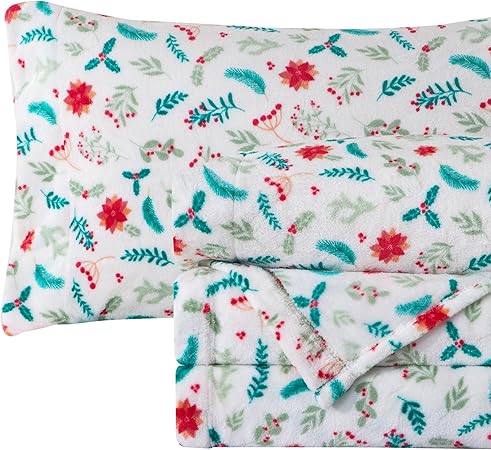 Elegant Comfort Luxuriously Soft 4-Piece Holiday Velvet Plush Flannel Sheet Set - Premium Quality - Cozy Warm, Christmas Fuzzy Velvet Flannel Fleece Deep Pocket Sheet Set - Twin, Winter Bloom