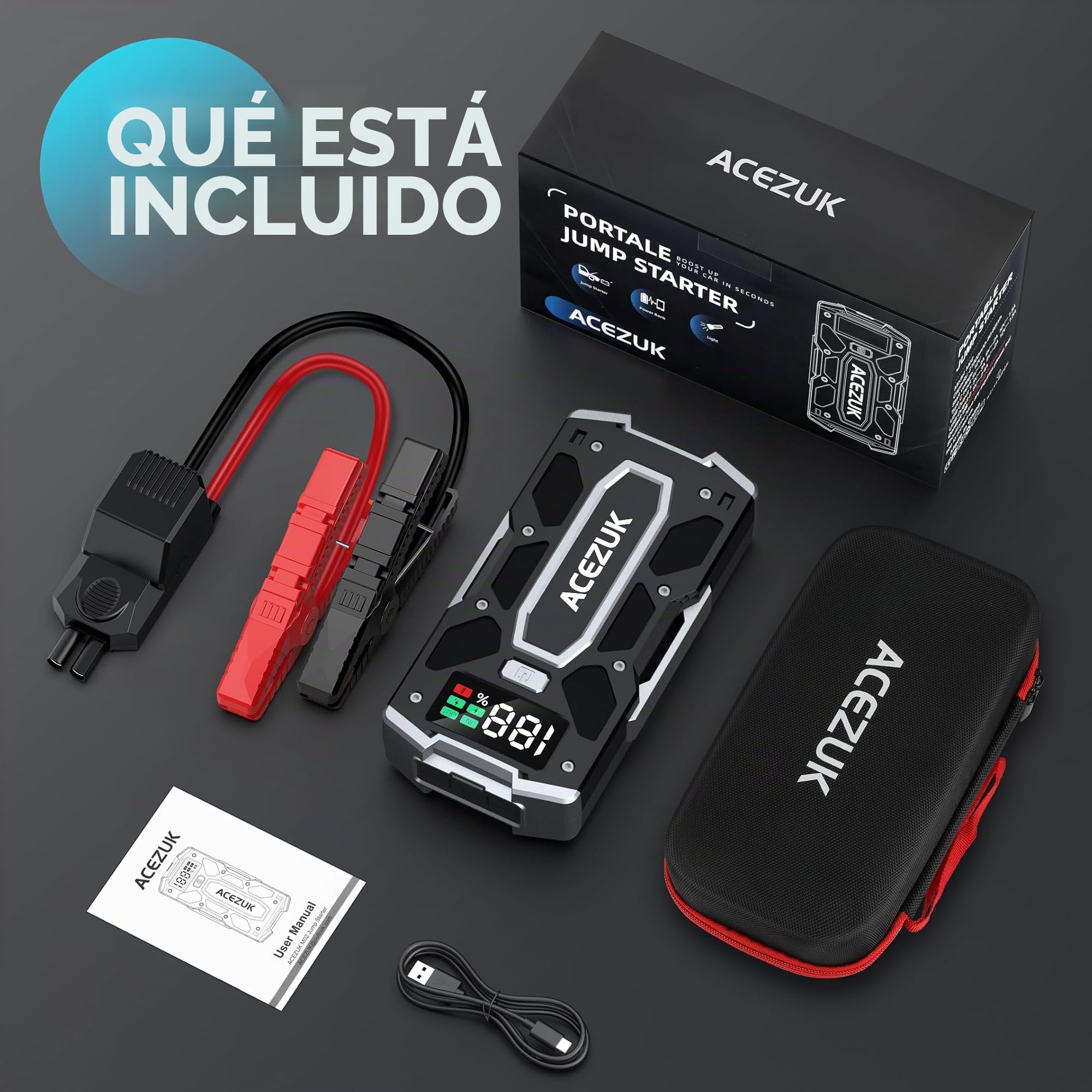 Acezuk, Arrancador de batería para vehículos, 7000 A, arrancador de Emergencia para Coche/Moto (10 L de Gasolina o 8 L de diésel), portátil, con luz LED/LCD y Puerto QC3.0
