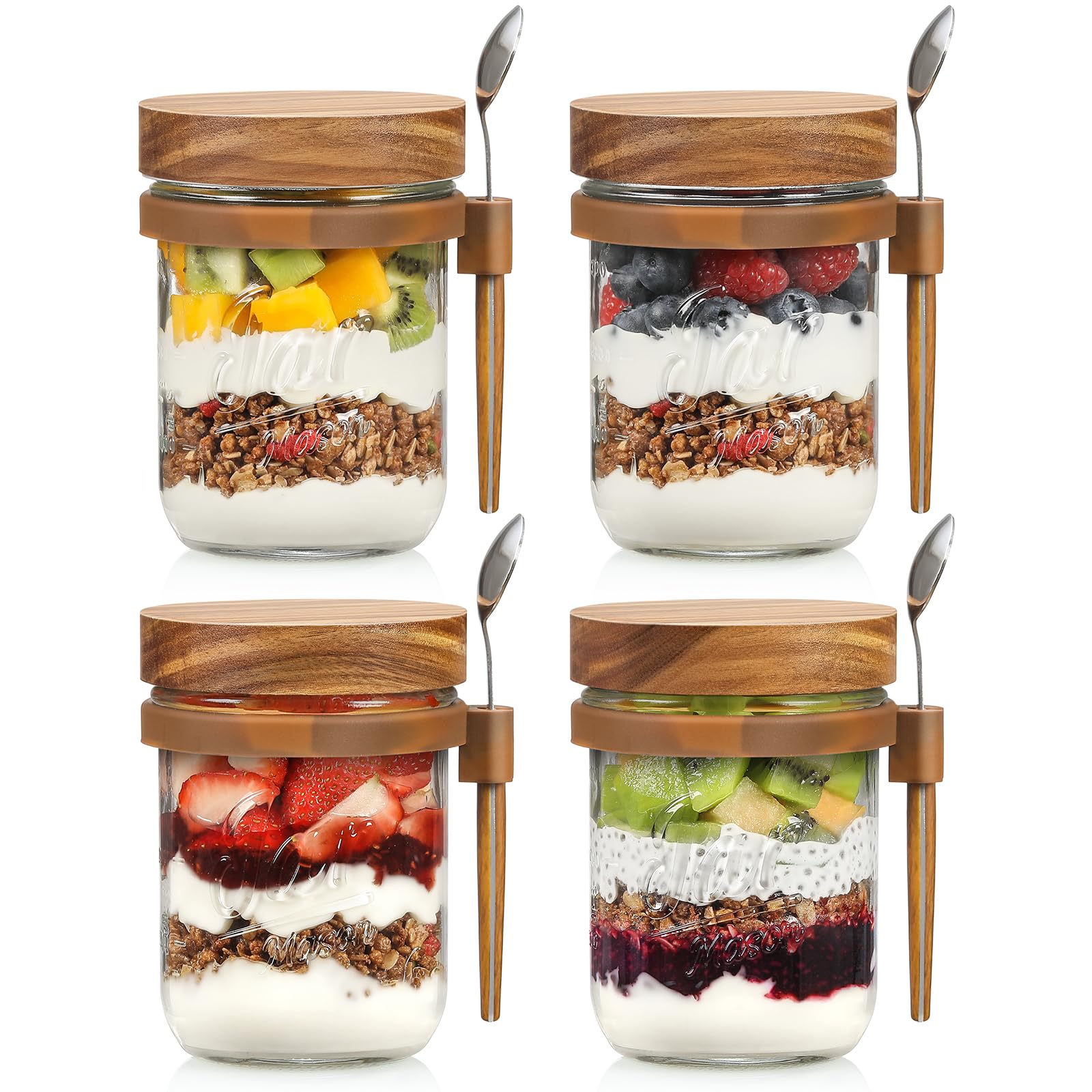 LANDNEOO 4 Pack Overnight Oats Containers with Wooden Lids and Spoons, 16oz Glass Mason Overnight Oats Jars with Lids, Large Capacity Airtight Jars for Milk, Cereal, Fruit