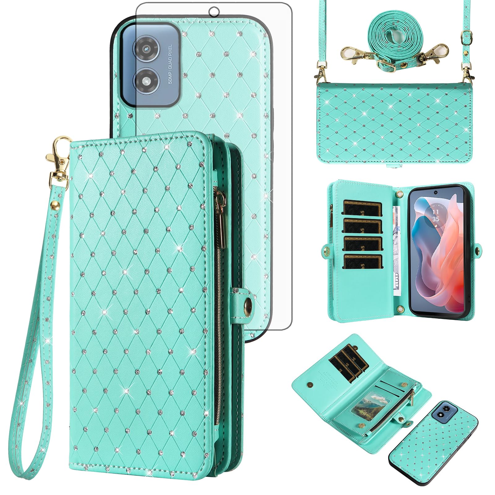Asuwish Phone Case for Motorola Moto G Play 2024 4G Zipper Wallet Detachable Cell Cover with Tempered Glass Screen Protector Strap Glitter Flip Card