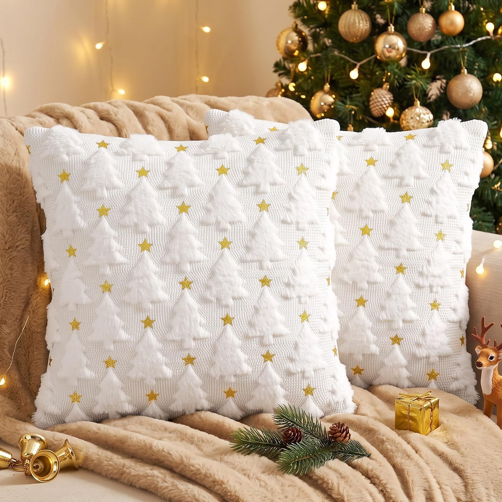 Vijamiy Christmas Cushion Covers 45x45cm Set of 2 Star Christmas Tree White