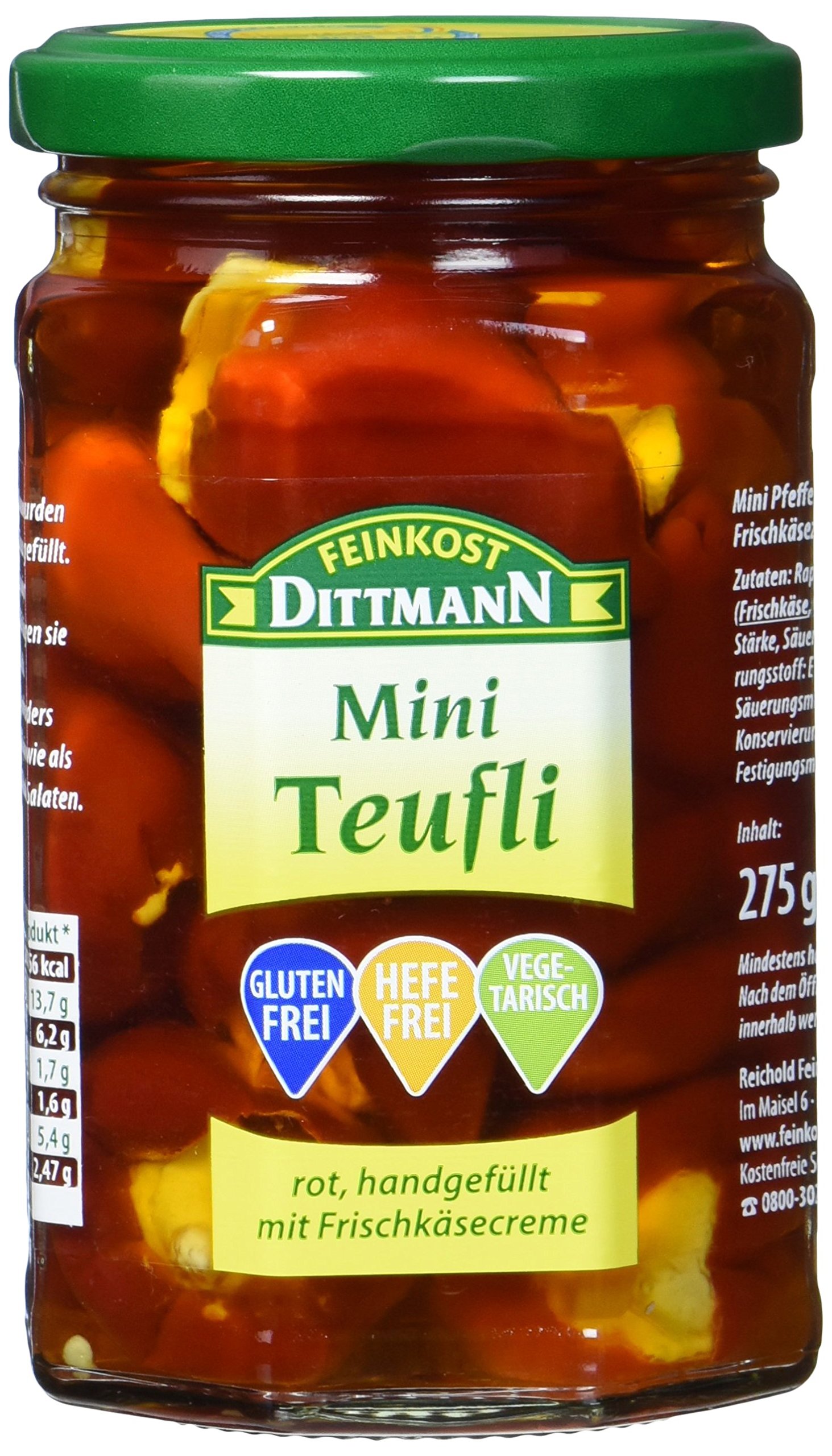 Feinkost Dittmann Mini Teufli - Pfefferonen rot gefüllt mit einer Frischkäsezubereitung Glas, 5er Pack (5 x 275 g)