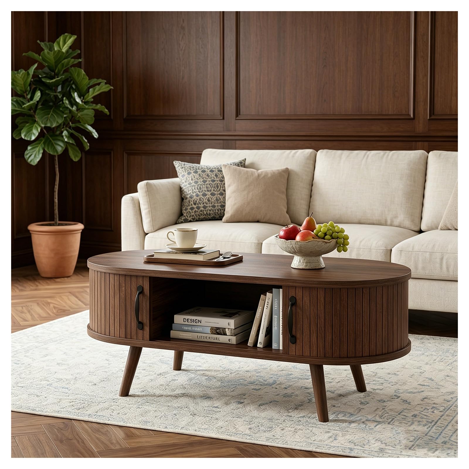 Table basse ovale avec rangement en bois massif pour salon