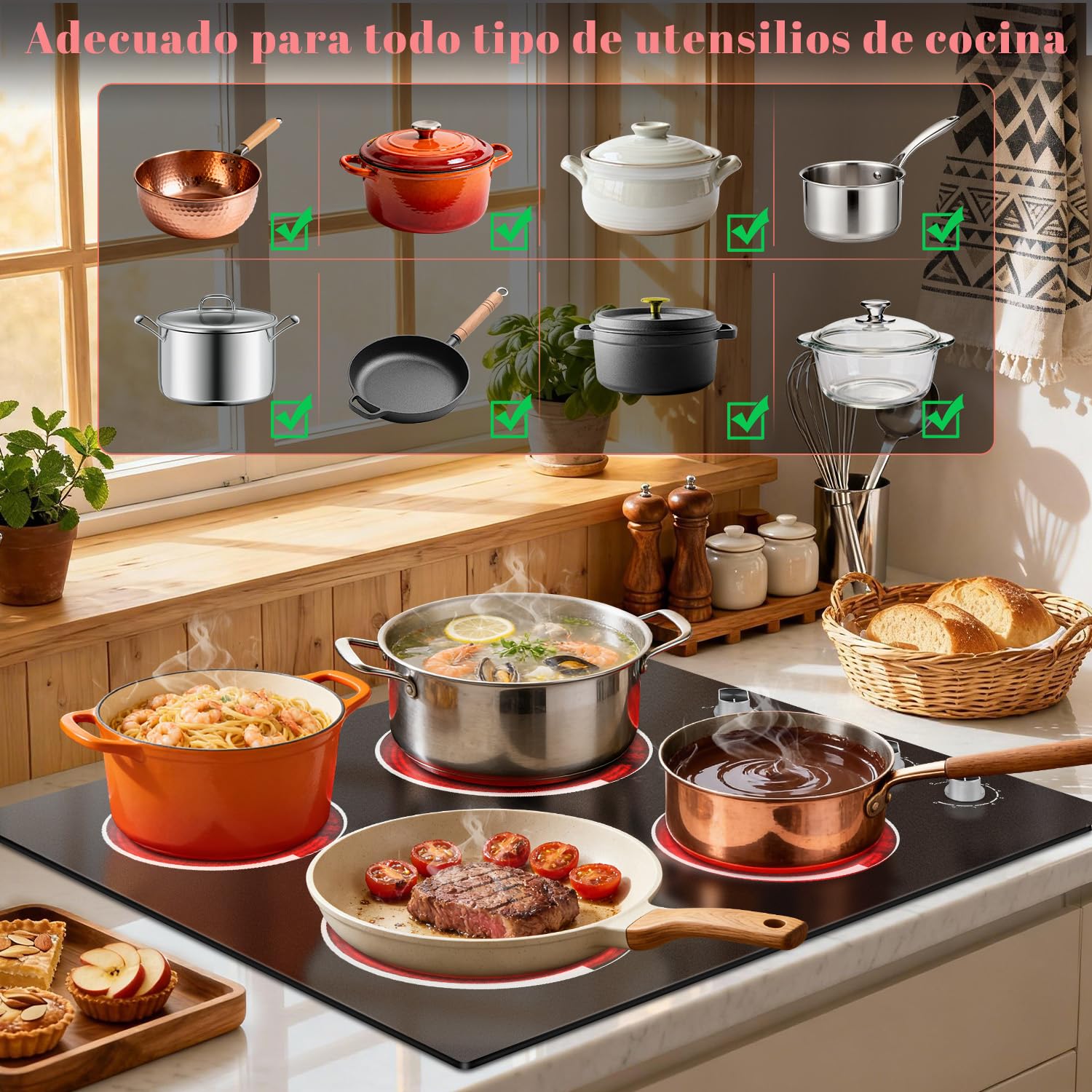 Placa Vitrocerámica 4 Fuegos Empotrable, 60CM, 6000 W, 220 V, Independiente con Perillas, Función de Pausa, 9 Niveles de Potencia, Temporizador, Bloqueo de Seguridad para Niños