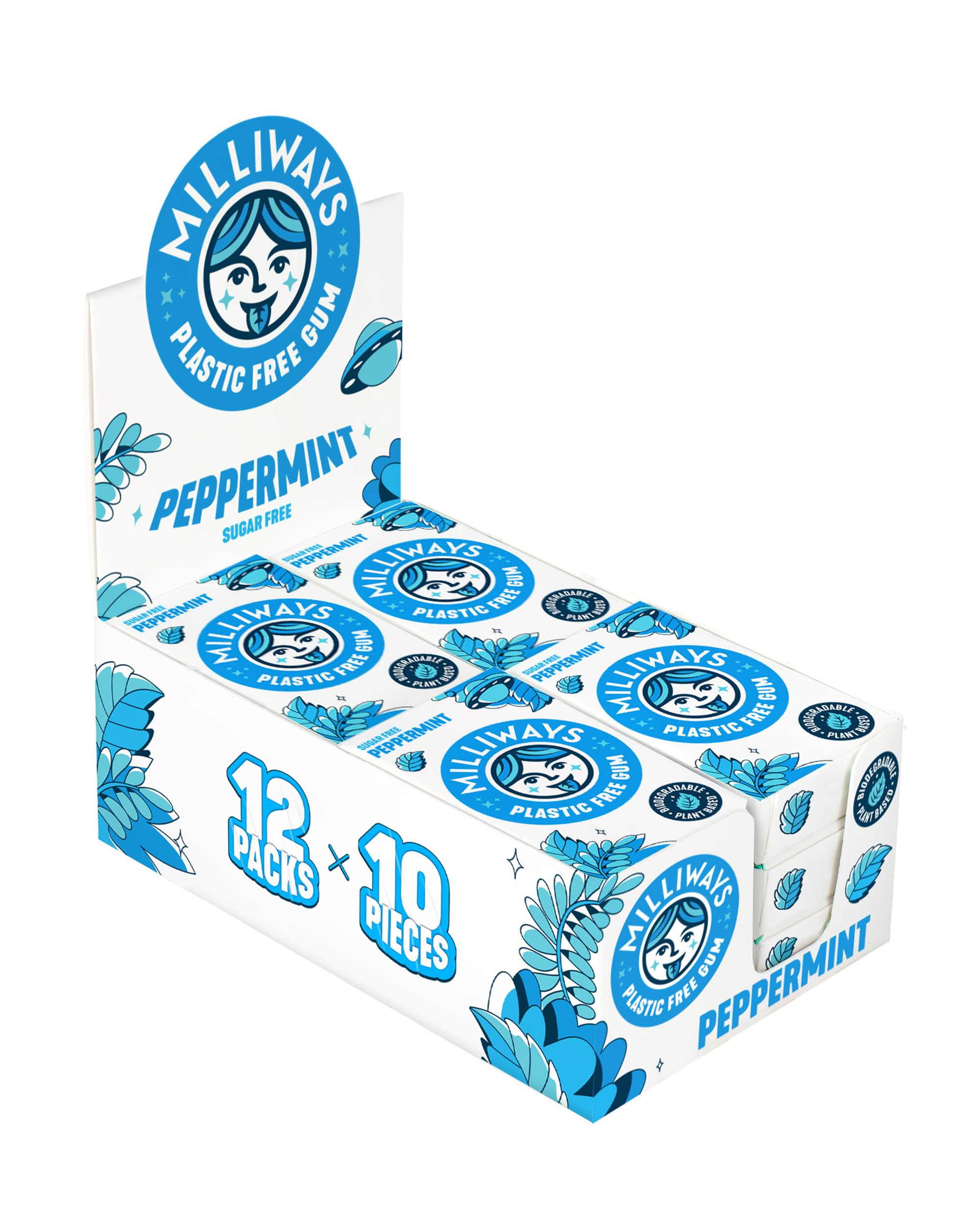 Milliways Peppermint Chewing Gum, Plastic Free, Sugar Free, Aspartame Free, Natural | 12 Packs of 10 Pieces (120 Pieces Total) | Xylitol, Plant-Based, Biodegradable