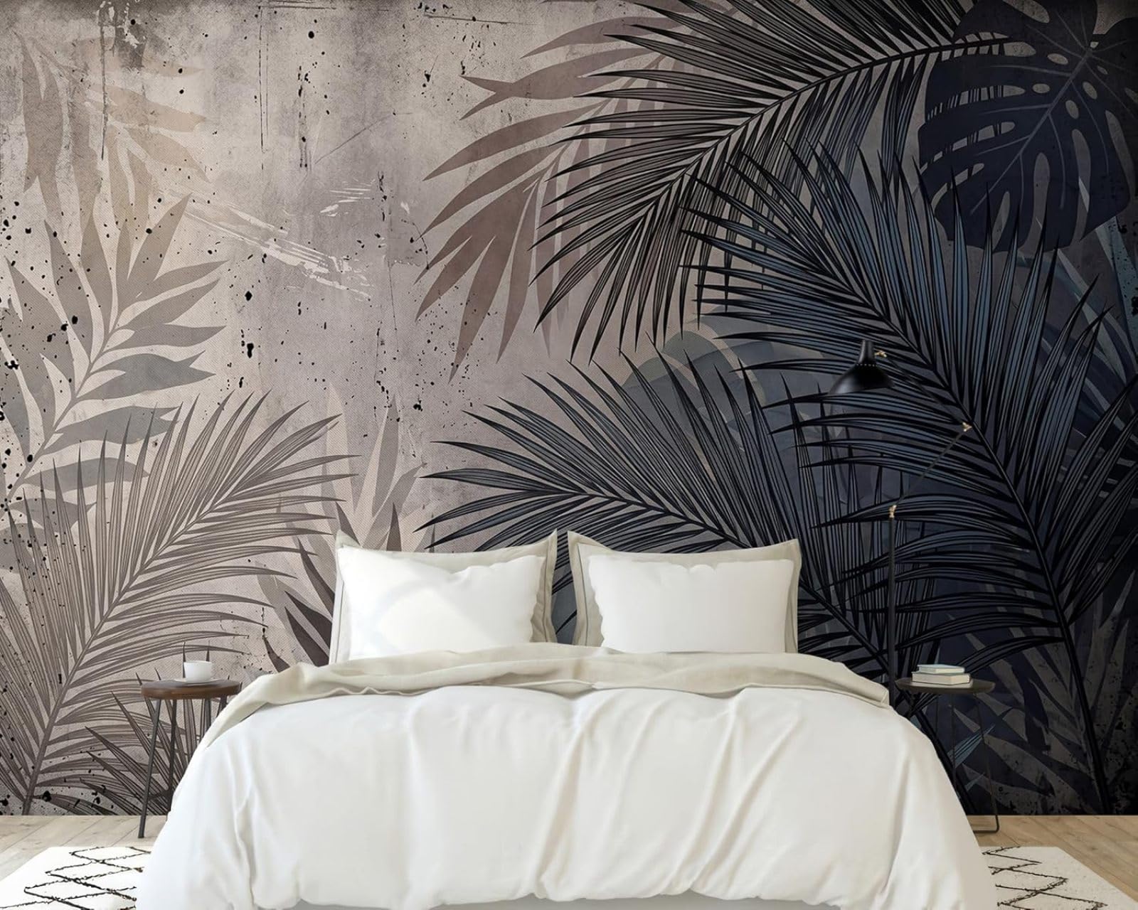 Hgjdjhnf 3D Mural Photo Mural - Wallpaper Tropical Palm Leaves Concrete Look Grey Blue Jungle Leaves Non-Woven Modern Wall Mural Living Room Bedroom Wall Decor Motif 150Cm X 105Cm Poster - Wall Sticker - Frameless P