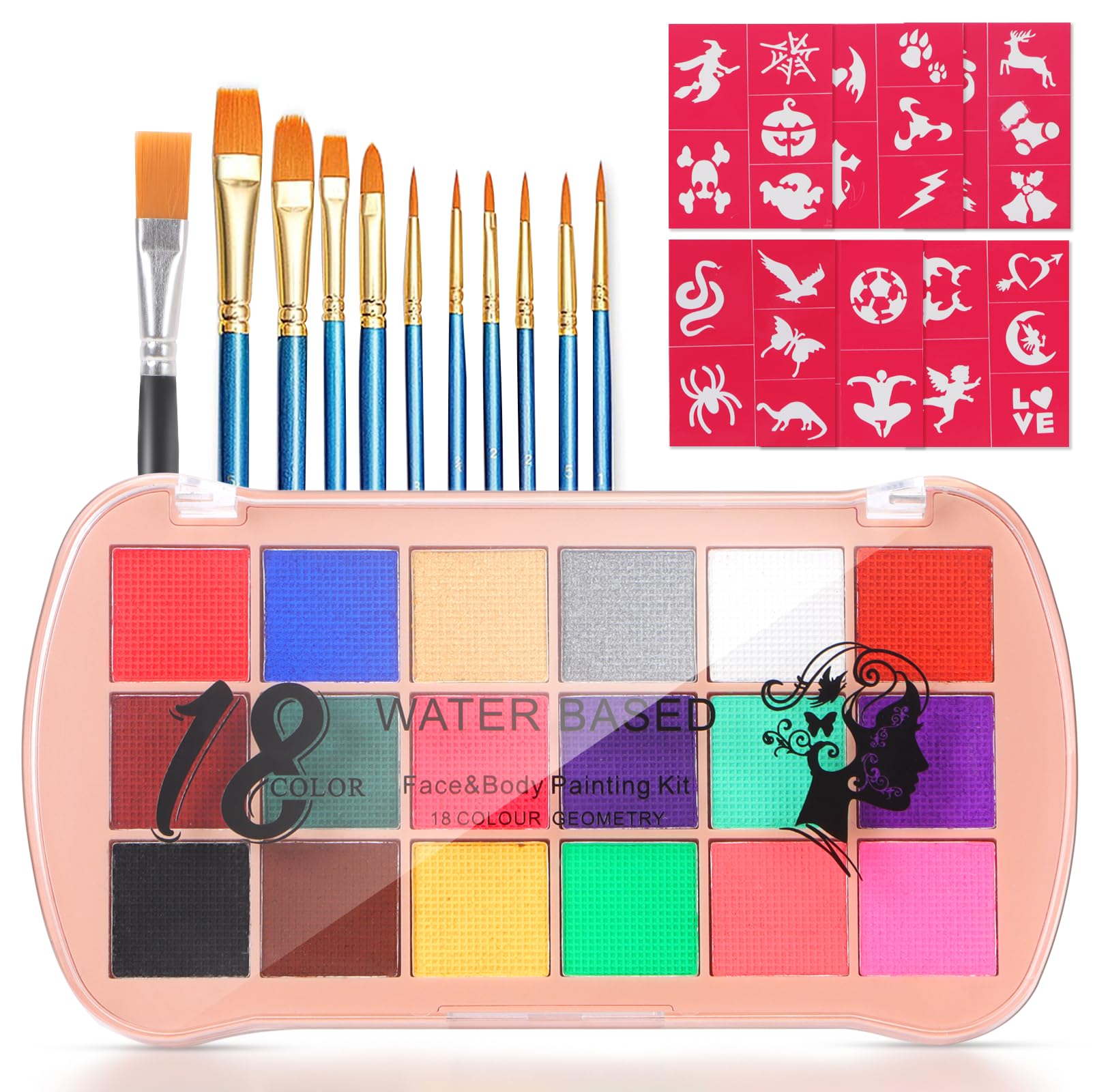 selutiyaFace Painting Kit 18 Colors Face Paint With 11 Paint Brushes Safe and non-toxic Rainbow Face Paint Body Paint for Kids Adults Suitable for various festival makeup, party role play