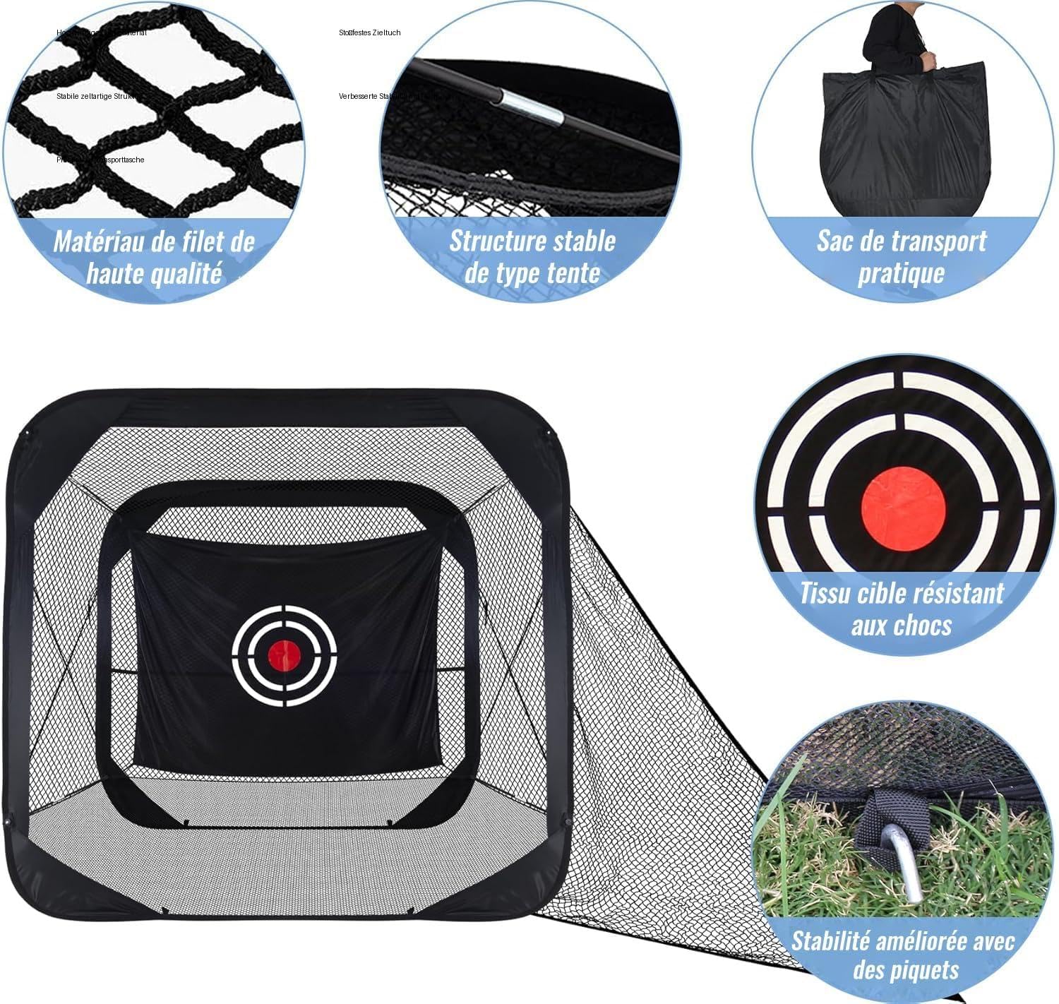 Golfnetz 210x120x210 cm: Golf Übungsnetz mit flexiblem Flachstahlrahmen, Glasfaserstäben und merzerisiertem Zieltuch