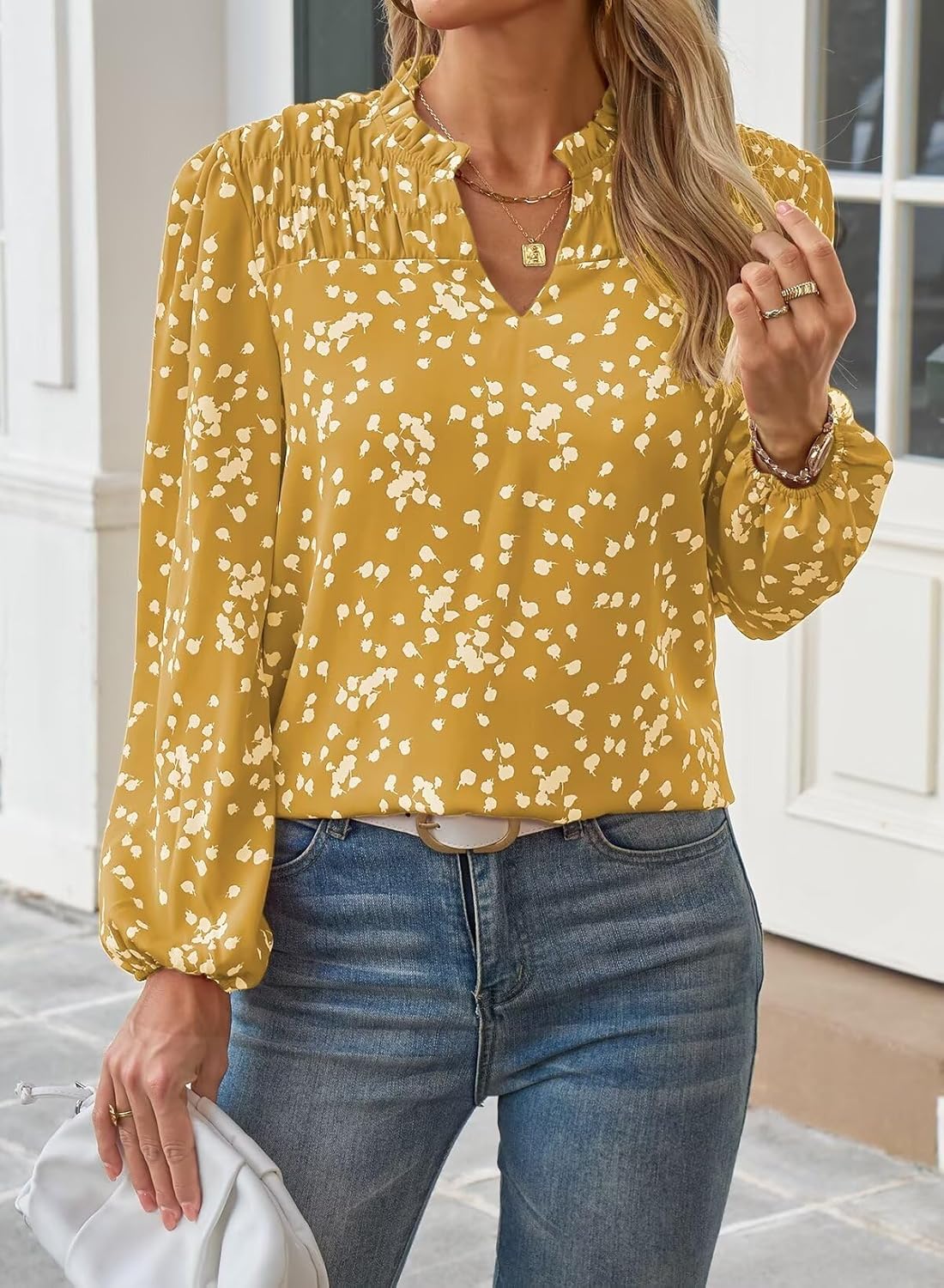 Women's Dressy Casual V Neck Smocked Long Sleeve Floral Print Chiffon Blouses Bohemian Business Tops - Image 4