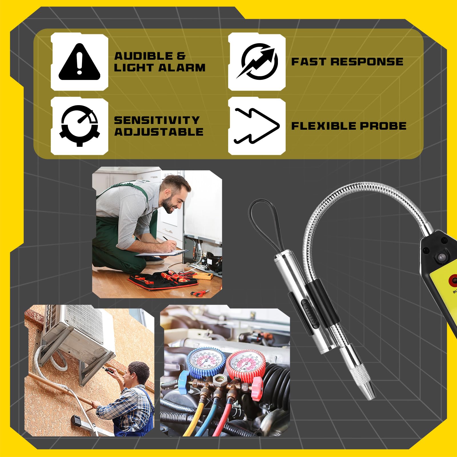Glooglitter Herramienta de detección de fugas de aire acondicionado automático WJL-6000, detector de fugas de refrigerante con linterna UV y gafas protectoras UV amarillas para aire acondicionado HVAC