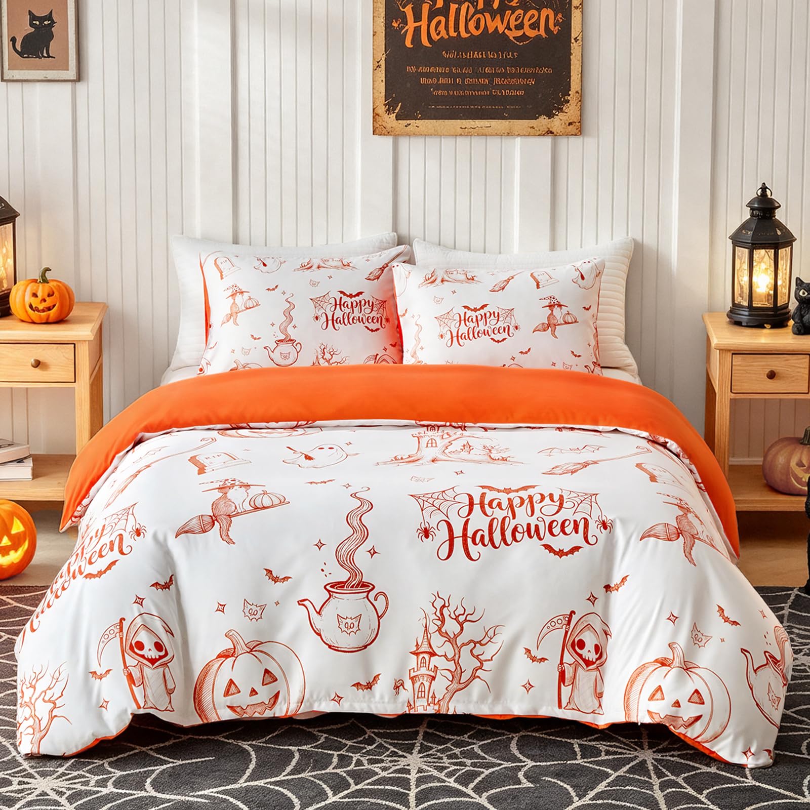 Lekesky Halloween Orange Duvet Cover King Size, Pumpkin