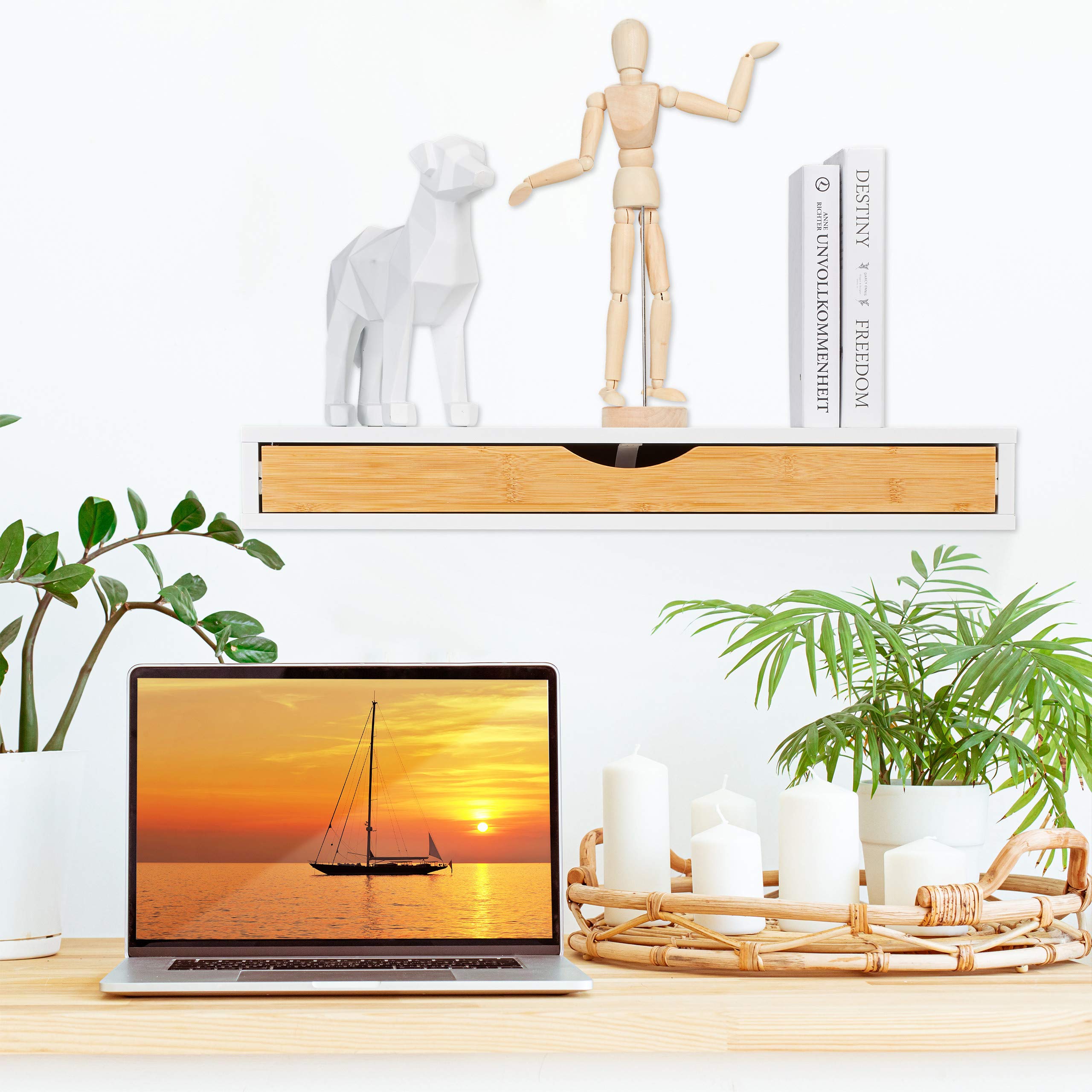 Relaxdays étagère Murale tiroir, HxLxP: 8 x 60 x 24 cm, Console au Mur Style scandinave, Bois MDF, Bambou, Blanc/Nature