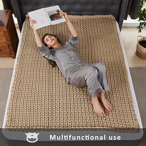 Miniatura 5 de Manta con peso de punto hecha a mano, transpirable y suave, manta pesada gruesa para niños, el mejor regalo para Navidad (marrón, 50 x 60 pulgadas,