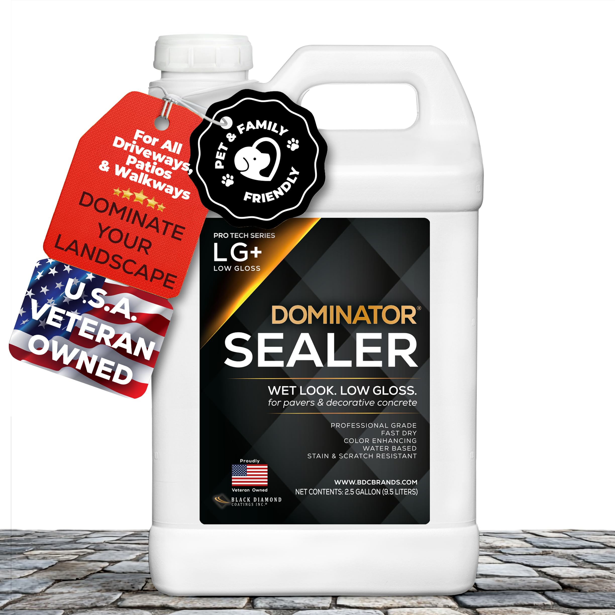 DOMINATOR LG+ Clear Acrylic Sealer 2.5 Gal | Low Gloss Paver Sealer | Wet Look, Color Enhancing | Professional Grade | Concrete Pavers and Decorative Concrete | Fast Dry | Driveway, Patio and More