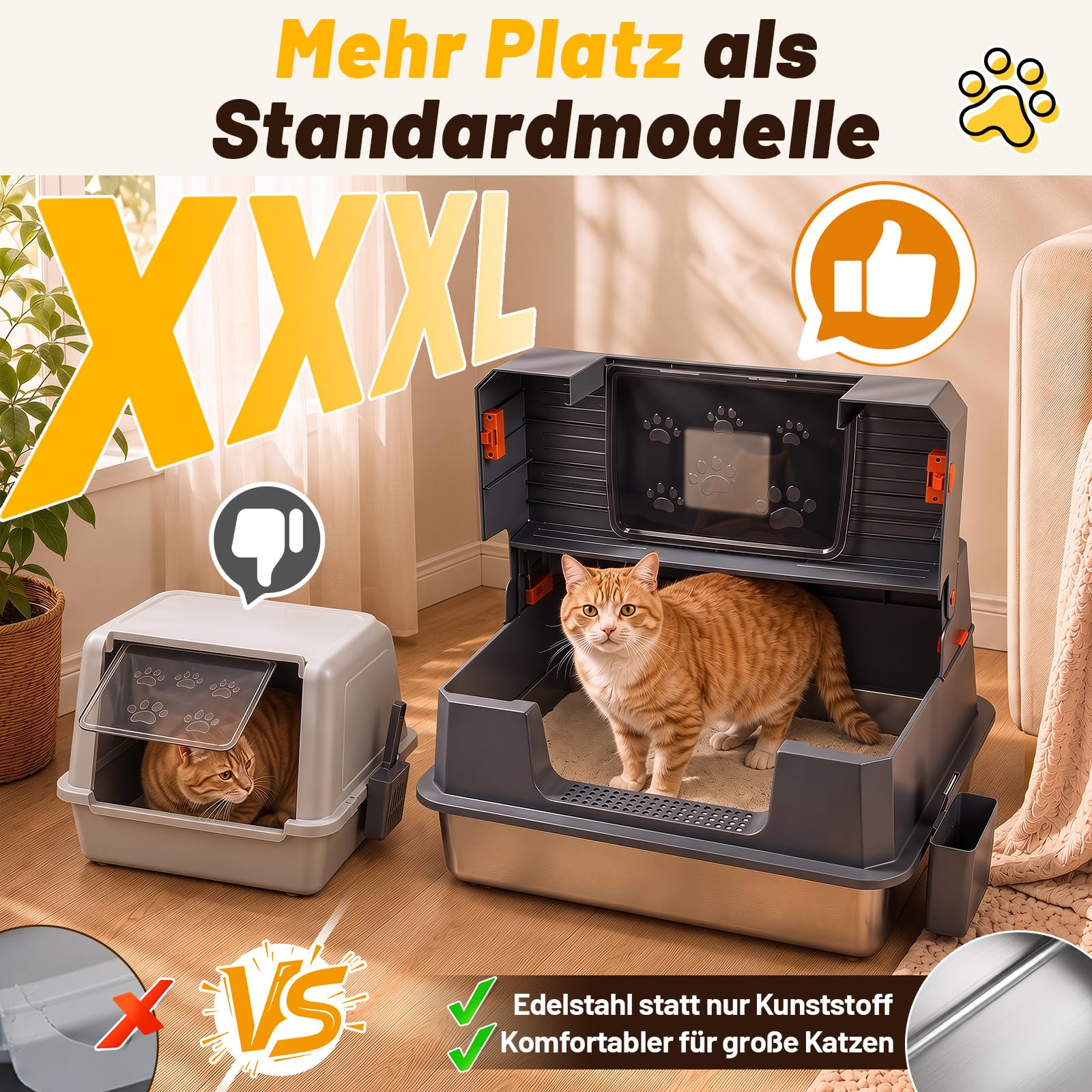 XXXL Edelstahl Katzentoilette mit Klapphaube,72.8 x 51 x 43 cm