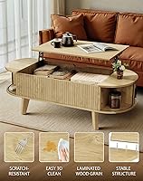 Vista 4 de Mesa de café ovalada con almacenamiento, mesa de centro elevable de 47.2" para la sala de estar, mesa central moderna de madera estriada con puerta