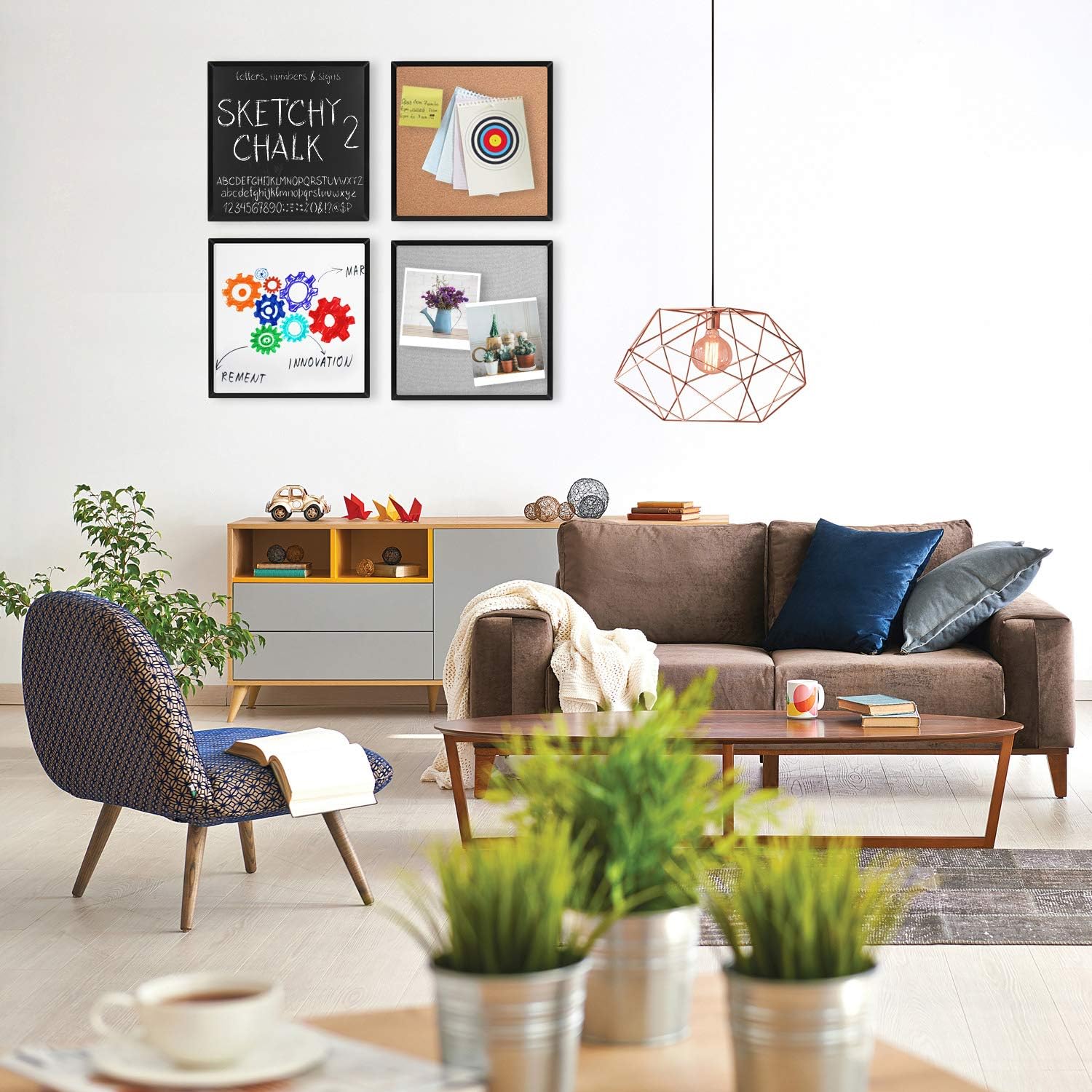 Dry Erase White Board, Cork Board, Chalkboard, Felt Bulletin Board Set, Black Framed, 4 Pack 12" X 12", Perfect for Office and Home Decor, Combo Board 4 in 1…